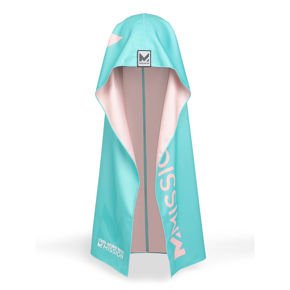 MISSION Reversible Cooling Hoodie Towel- Hood Towel, Cools Instantly When Wet, UPF 50 Sun Protection, Contours Your Head to Stay in Place, Great for Sports, Fitness, Gym (Pink Mint)