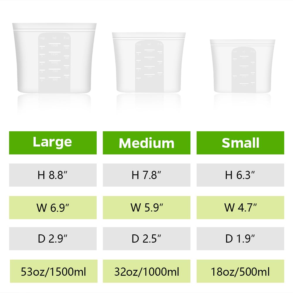 Winrock Reusable 100% Silicone Food Storage Bags, Sandwich Snack Bags New Generation Stand Up Zip Container for Soup and Leftovers, Plastice & BPA Free, Microwave Oven Safe 3 Pack (51oz, 34oz, 17oz)