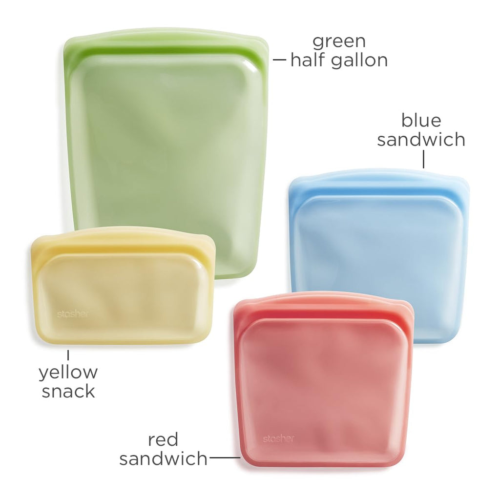 Stasher Silicone Reusable Food Storage Bags, 4-Pack, Reusable Freezer Bags, Microwave, Dishwasher, Oven Safe, Sous Vide, Premium Lunch Containers, Eco Friendly, Snack Bags, Food-safe Silicone, Clear | Reusable Food Bags
