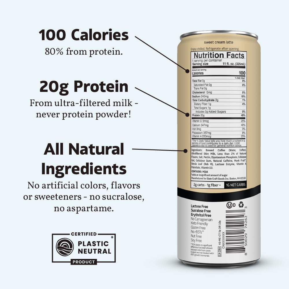 Slate Milk High Protein Milk Shake (Classic Chocolate) 12 Cans, 11 fl oz | Lactose Free - 20g Protein - 1g Sugar - 100 Calories - 2g Net Carbs - No Added Sugar - Natural, Breakfast Boost, Post Workout
