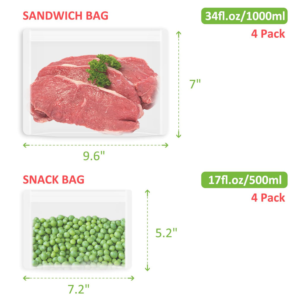 Reusable Food Bags, 12 Pack 100% Silicone Food Storage Bags Stand Up Zip Lock Container, Freezer Microwave Oven Dishwasher Safe, 4 Medium 4 Small 4 Extra Small, Aqua