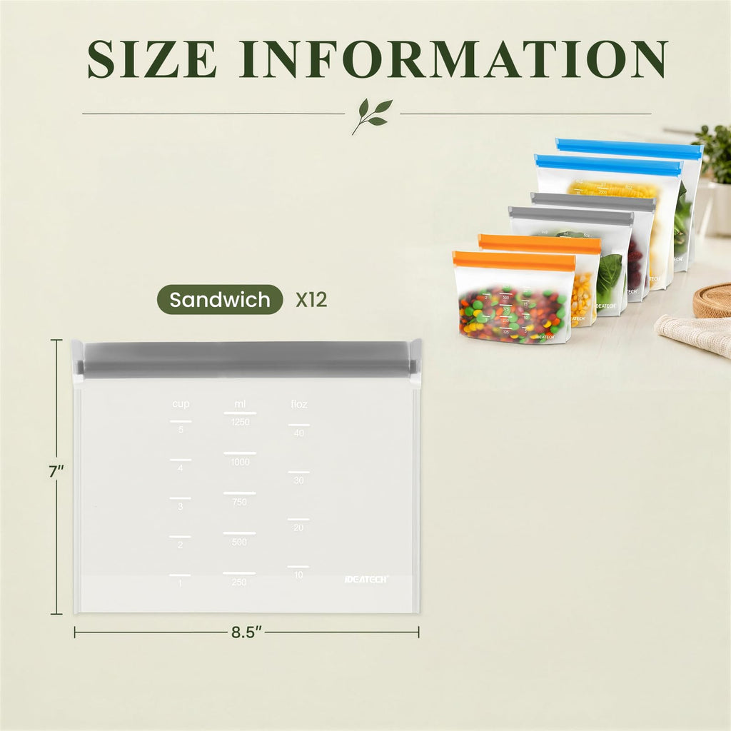 IDEATECH Reusable Bags Dishwasher Safe, BPA Free Reusable Gallon Freezer Bags, Stand Up Leakproof Food Storage Bags for Marinate Meats, Salad Fruit, Vegetables, Home Organization -Gray 6 Large Bags