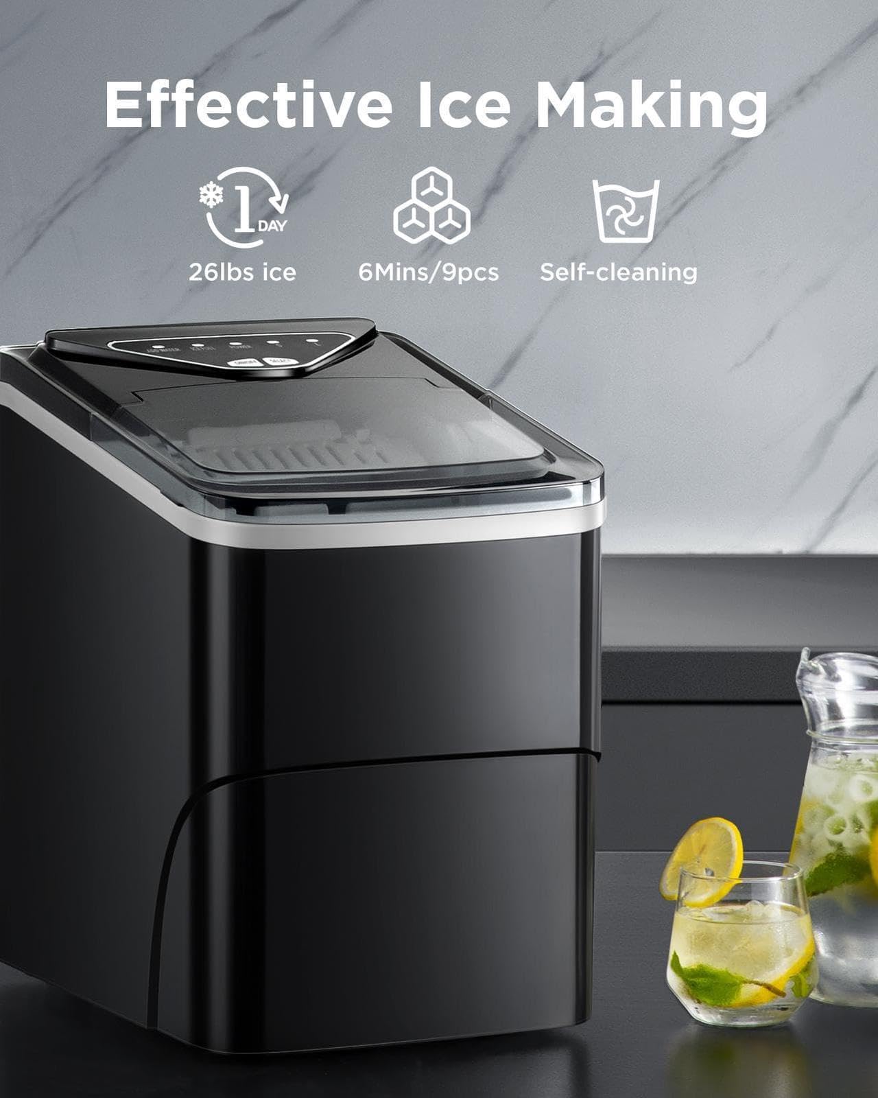 Ice Maker Countertop, Portable Ice Machine Ready in 6 Minutes with 9 Cubes 26LBS in 24H, Self-Cleaning with Ice Scoop and Basket, Two Sizes of Bullet Ice for Home Kitchen Office, Bar and Parties