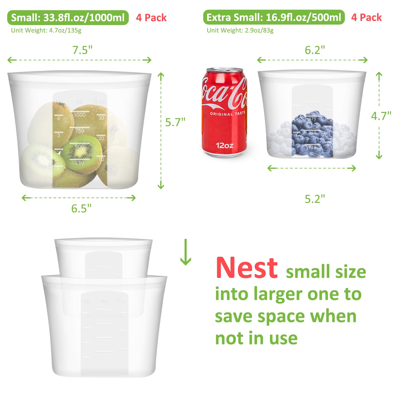 Reusable Food Bags, 12 Pack 100% Silicone Food Storage Bags Stand Up Zip Lock Container, Freezer Microwave Oven Dishwasher Safe, 4 Medium 4 Small 4 Extra Small, Aqua