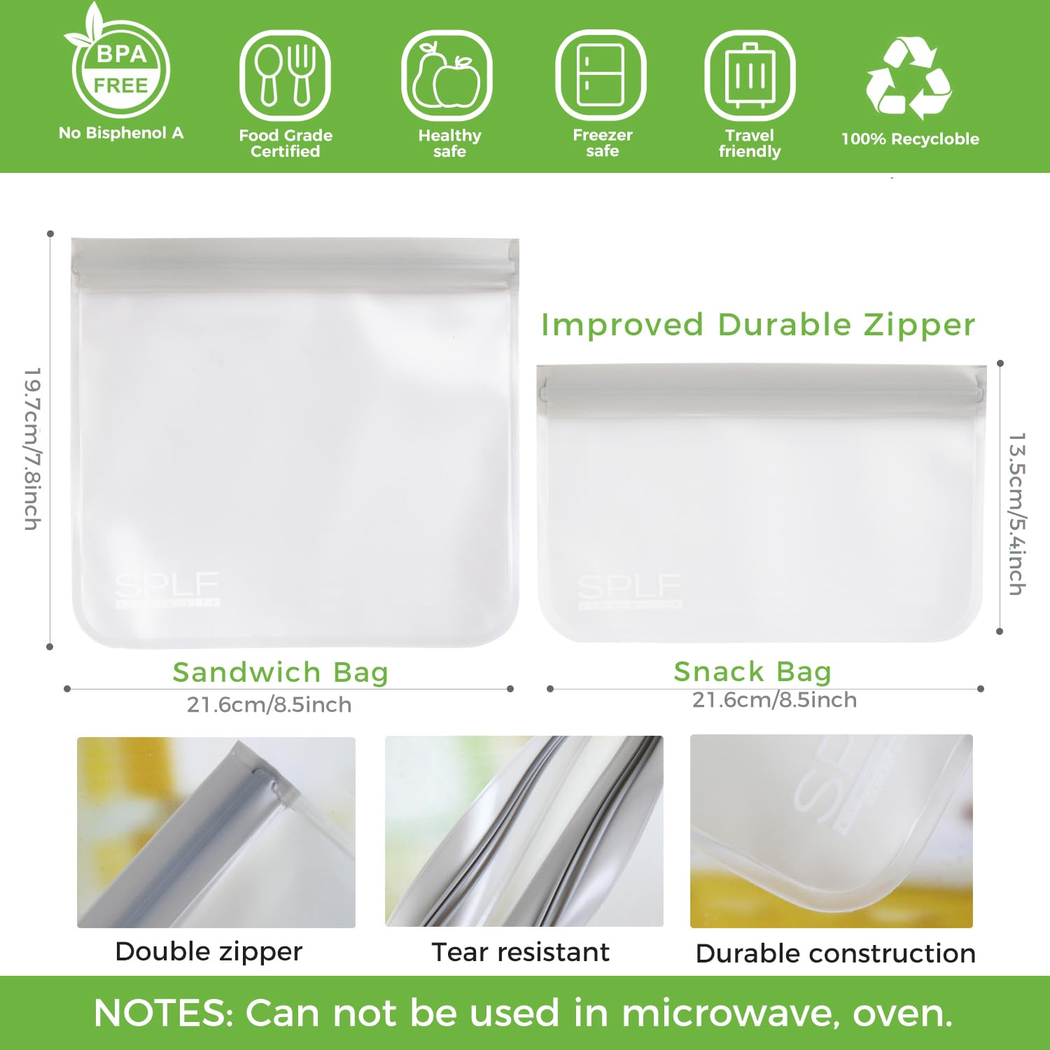 SPLF 6 Pack Reusable Gallon Freezer Bags Dishwasher Safe, BPA FREE Reusable Food Storage Bags, Extra Thick Leakproof Silicone Free 1 Gallon Bags for Marinate Meat, Cereal, Sandwich, Snack, Travel Item