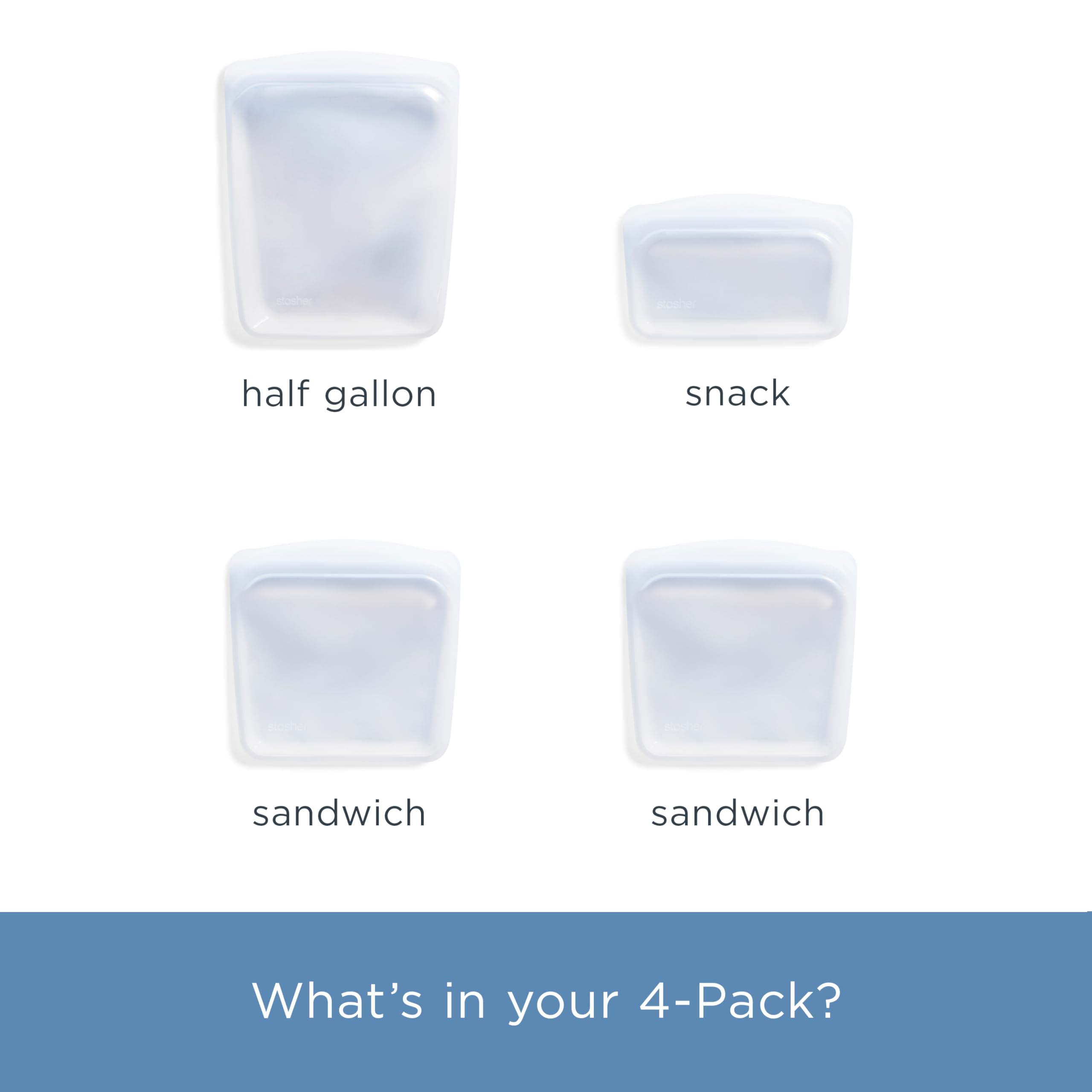 Stasher Silicone Reusable Food Storage Bags, 4-Pack, Reusable Freezer Bags, Microwave, Dishwasher, Oven Safe, Sous Vide, Premium Lunch Containers, Eco Friendly, Snack Bags, Food-safe Silicone, Clear | Reusable Food Bags