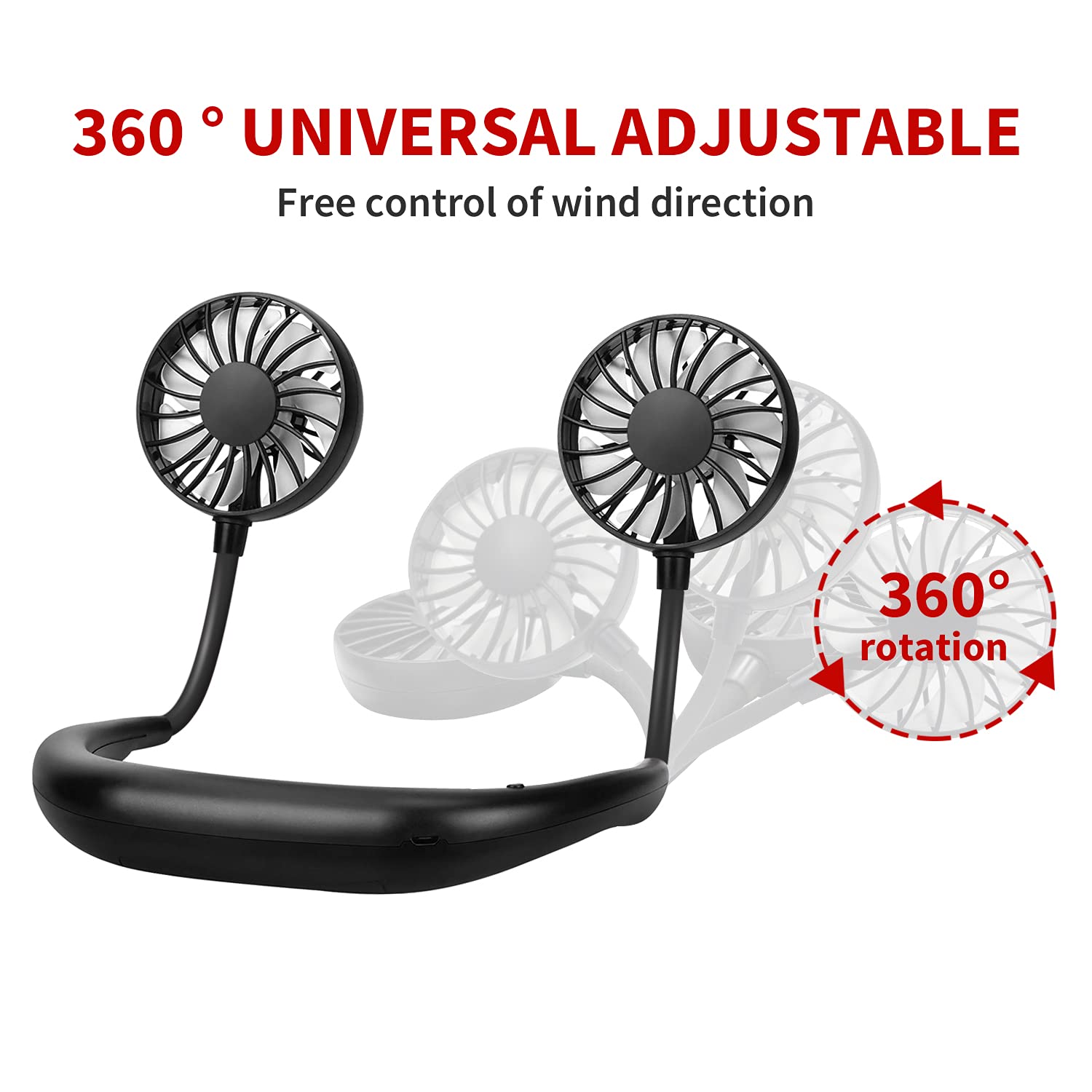 JUANANIUG Portable Neck Fan Rechargeable Personal HandFree Fan Mini USB Wearable Neckband Sport Fan 3 Speed Adjustable 360 Degrees Rotation Perfect for Working Traveling Office Reading (Red Black)