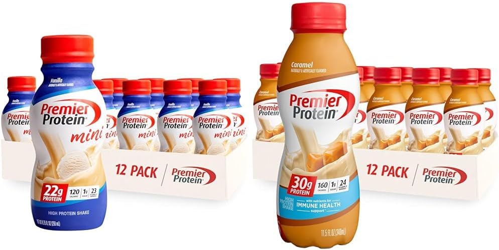 Premier Protein Shake MINIs, Vanilla, 22g Protein, 120 Calories, 1g Sugar, 8.75fl oz, Pack of 12 & Premier Liquid Protein Shake, Caramel, 30g Protein, 1g Sugar, 24 Vitamins & Minerals