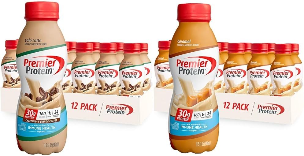 Premier Protein Shake, Café Latte & Caramel, 30g Protein, 1g Sugar, 24 Vitamins & Minerals, 12 Pack Bundle