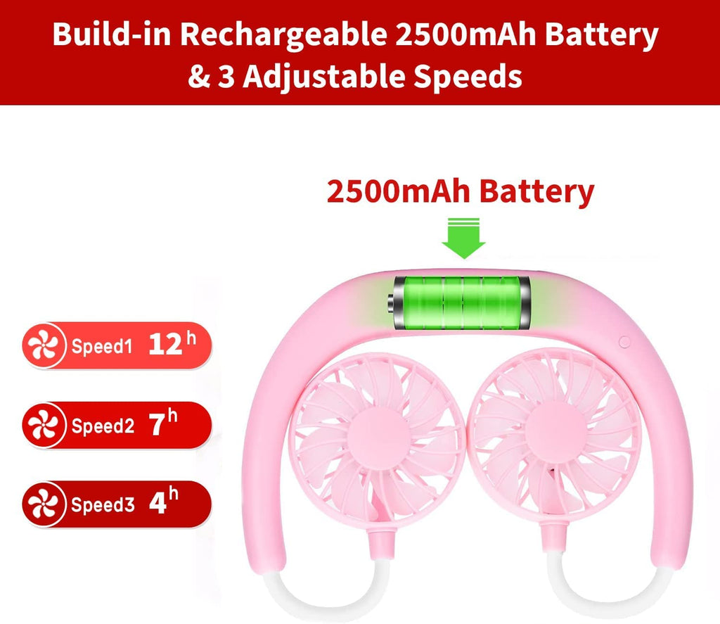 JUANANIUG Portable Neck Fan Rechargeable Personal HandFree Fan Mini USB Wearable Neckband Sport Fan 3 Speed Adjustable 360 Degrees Rotation Perfect for Working Traveling Office Reading (Red Black)