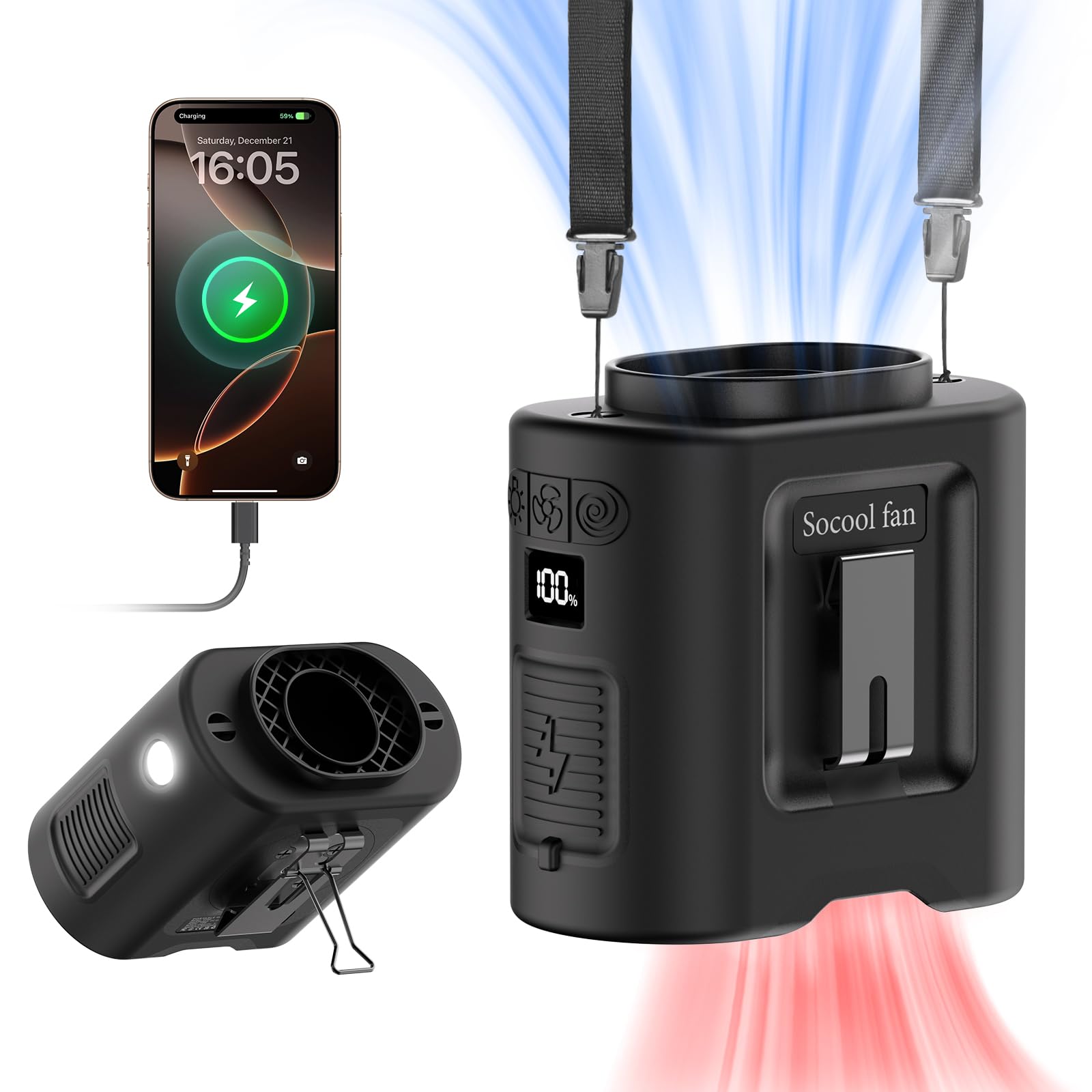 Socool 10000mAh Portable Waist Fan Clip on Wearable Belt Personal Fan Rechargeable Battery operated With 5 Speeds & Flashlight Neck Hands-Free 40H Cooling For Outdoor Camping Travel (Black)