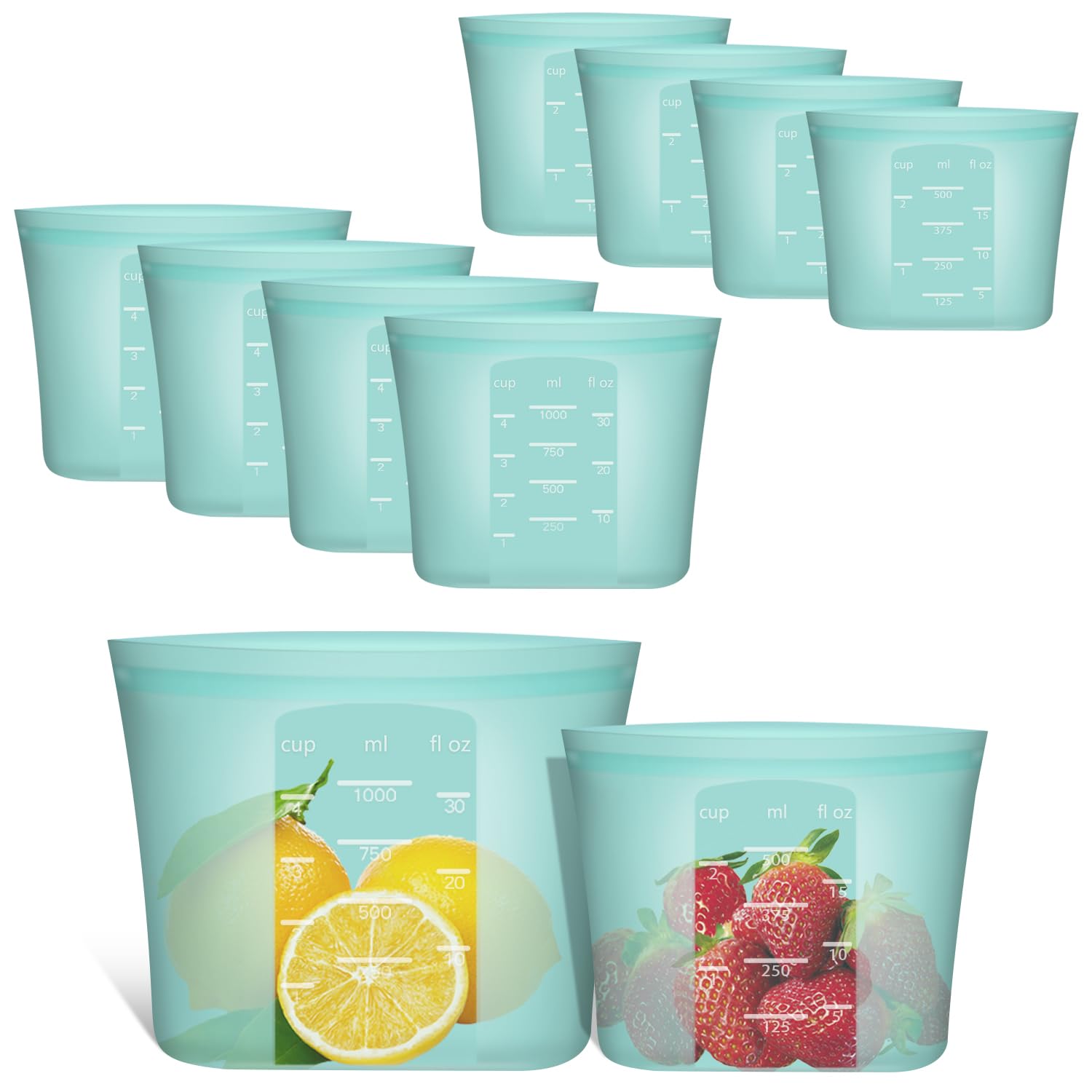 Reusable Food Bags, 12 Pack 100% Silicone Food Storage Bags Stand Up Zip Lock Container, Freezer Microwave Oven Dishwasher Safe, 4 Medium 4 Small 4 Extra Small, Aqua