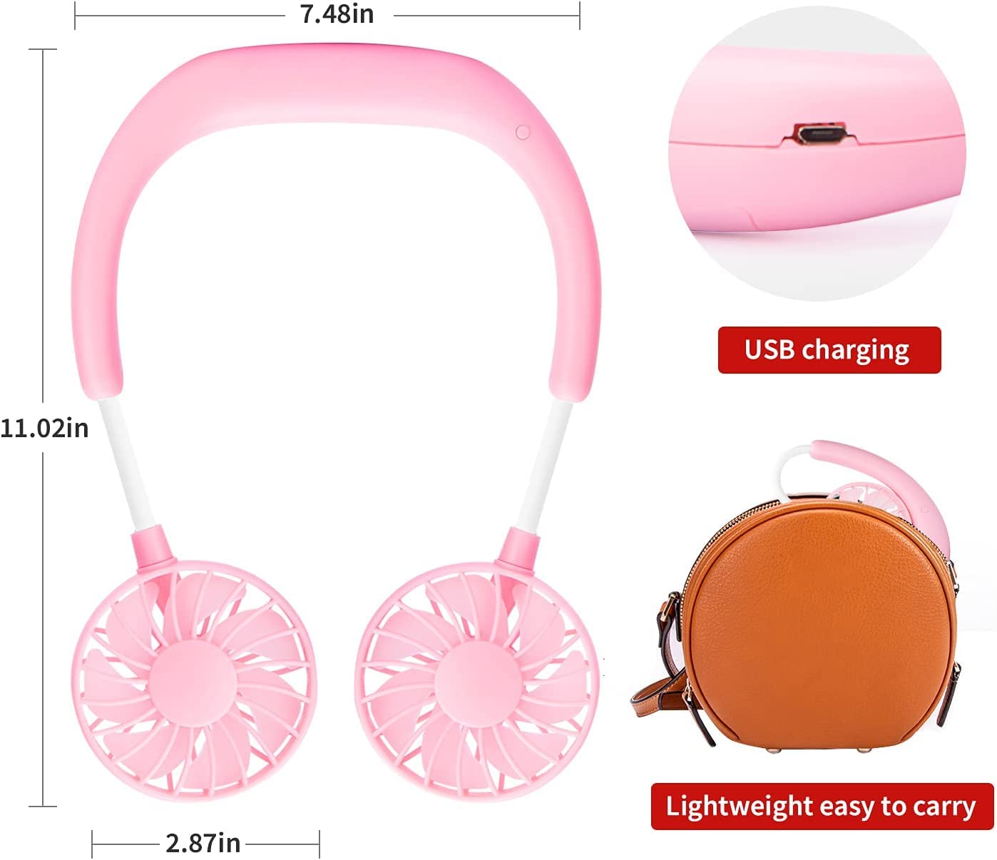 JUANANIUG Portable Neck Fan Rechargeable Personal HandFree Fan Mini USB Wearable Neckband Sport Fan 3 Speed Adjustable 360 Degrees Rotation Perfect for Working Traveling Office Reading (Red Black)