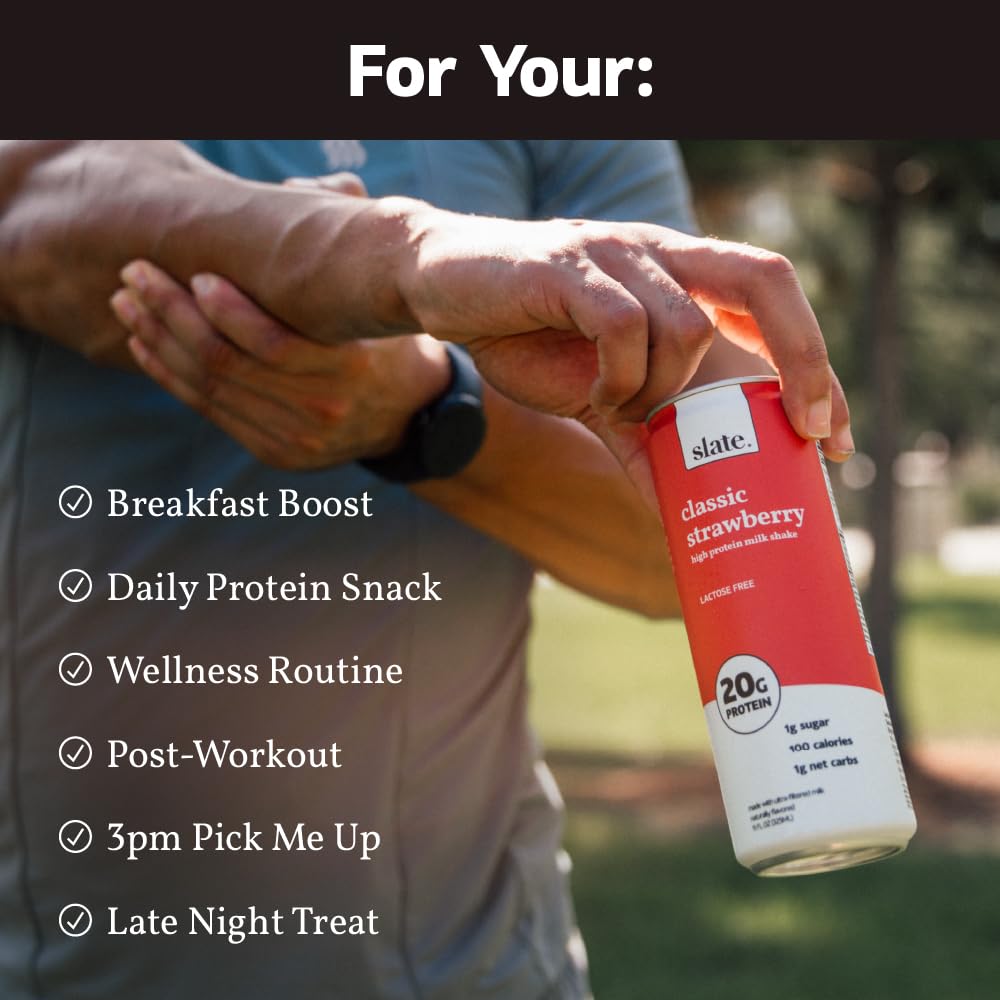 Slate Milk High Protein Milk Shake (Classic Chocolate) 12 Cans, 11 fl oz | Lactose Free - 20g Protein - 1g Sugar - 100 Calories - 2g Net Carbs - No Added Sugar - Natural, Breakfast Boost, Post Workout