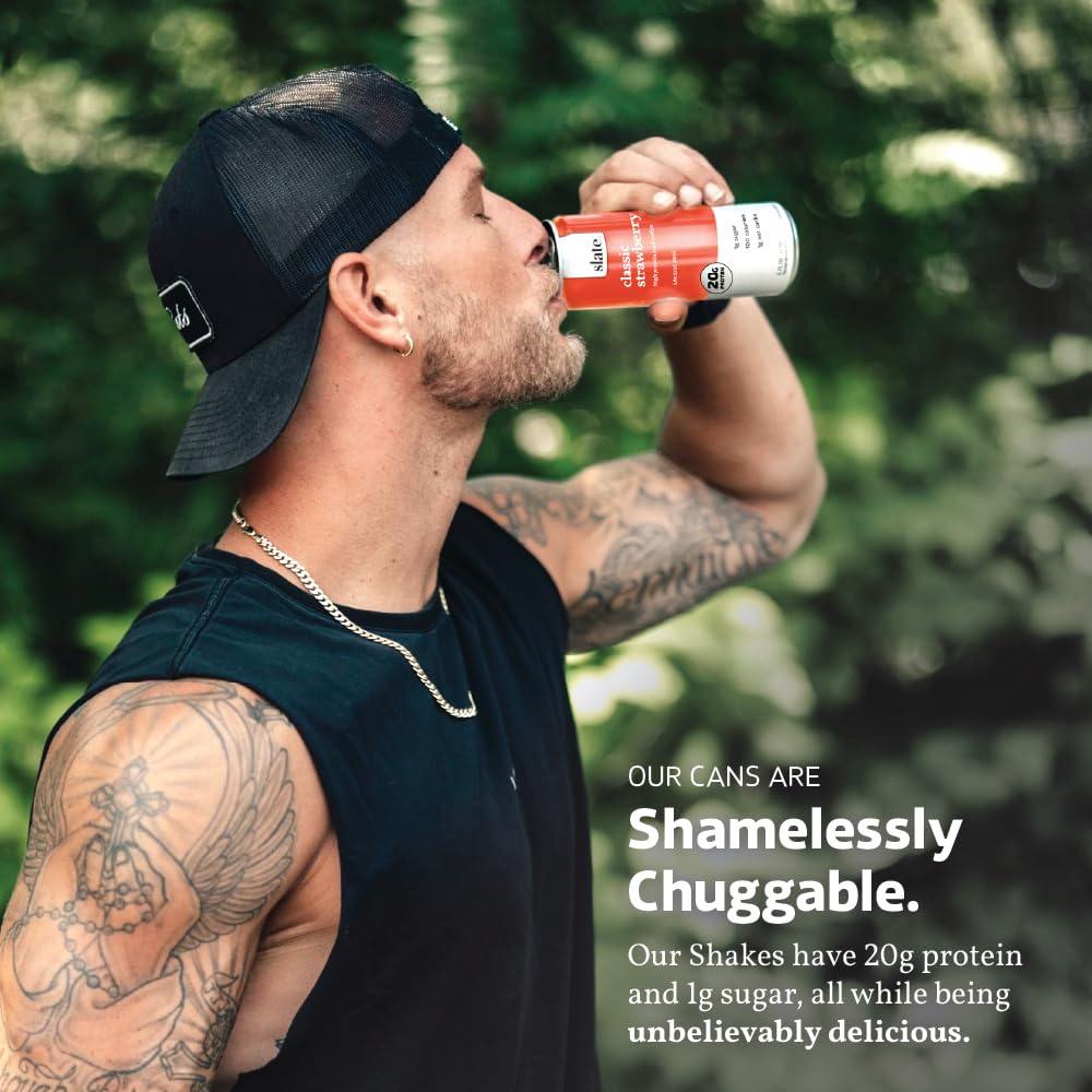 Slate Milk High Protein Milk Shake (Classic Chocolate) 12 Cans, 11 fl oz | Lactose Free - 20g Protein - 1g Sugar - 100 Calories - 2g Net Carbs - No Added Sugar - Natural, Breakfast Boost, Post Workout