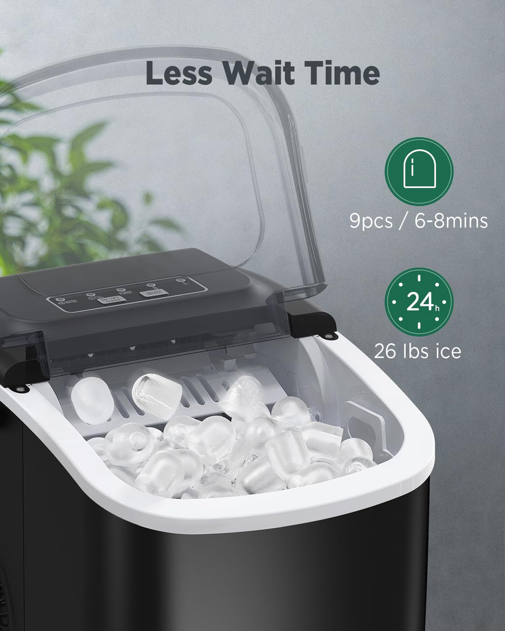 Ice Maker Countertop, Portable Ice Machine Ready in 6 Minutes with 9 Cubes 26LBS in 24H, Self-Cleaning with Ice Scoop and Basket, Two Sizes of Bullet Ice for Home Kitchen Office, Bar and Parties
