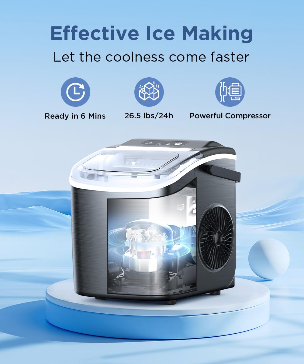 COWSAR Ice Maker Countertop, Portable Ice Machine with Self-Cleaning, 26.5 lbs/24Hrs, 8 Ice Cubes in 6 Mins, Ice Basket and Scoop, Ideal for Home, Kitchen, Bar, Camping