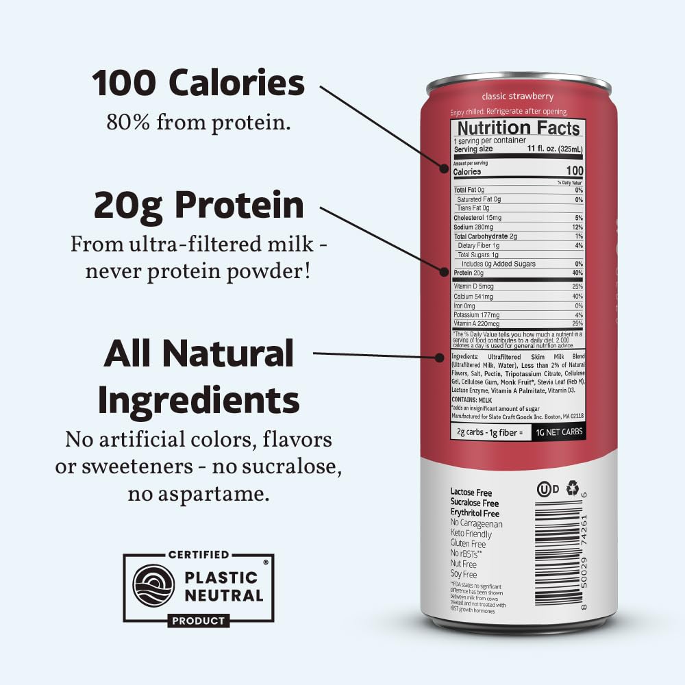 Slate Milk High Protein Milk Shake (Classic Chocolate) 12 Cans, 11 fl oz | Lactose Free - 20g Protein - 1g Sugar - 100 Calories - 2g Net Carbs - No Added Sugar - Natural, Breakfast Boost, Post Workout