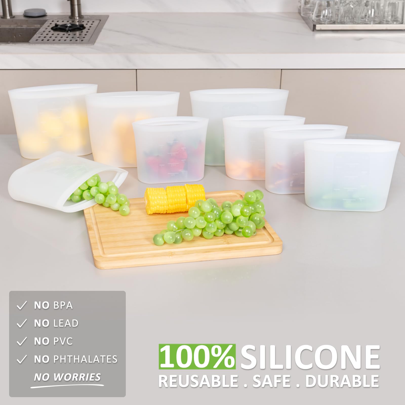 Reusable Food Bags, 12 Pack 100% Silicone Food Storage Bags Stand Up Zip Lock Container, Freezer Microwave Oven Dishwasher Safe, 4 Medium 4 Small 4 Extra Small, Aqua