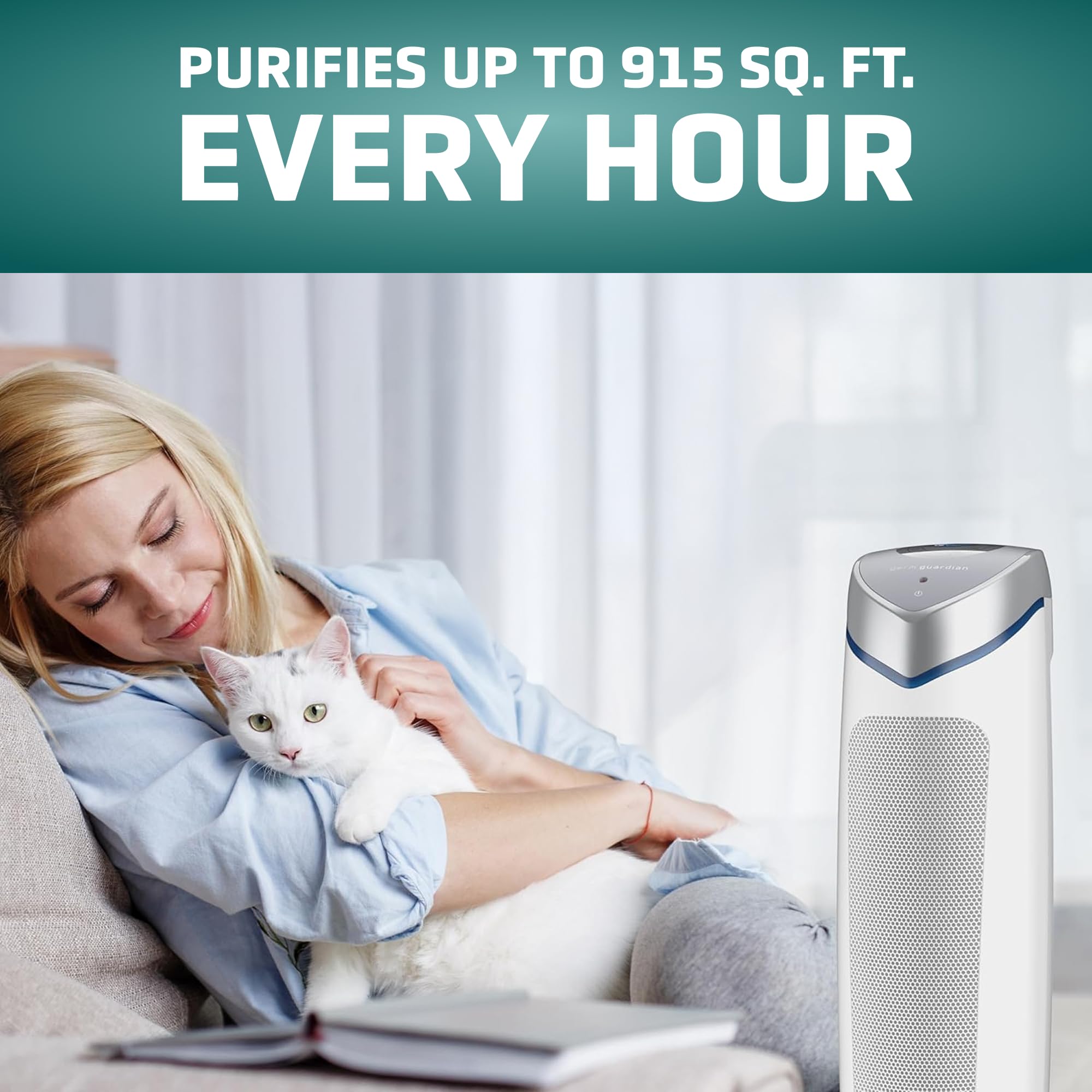 GermGuardian 5-In-1 HEPA Air Purifier for Home, Large Rooms Up To 915 Sq. Ft. with HEPA Pet Air Filter, UV-C Light & Odor Reduction, AC5250PT, 28" Tower, Gray