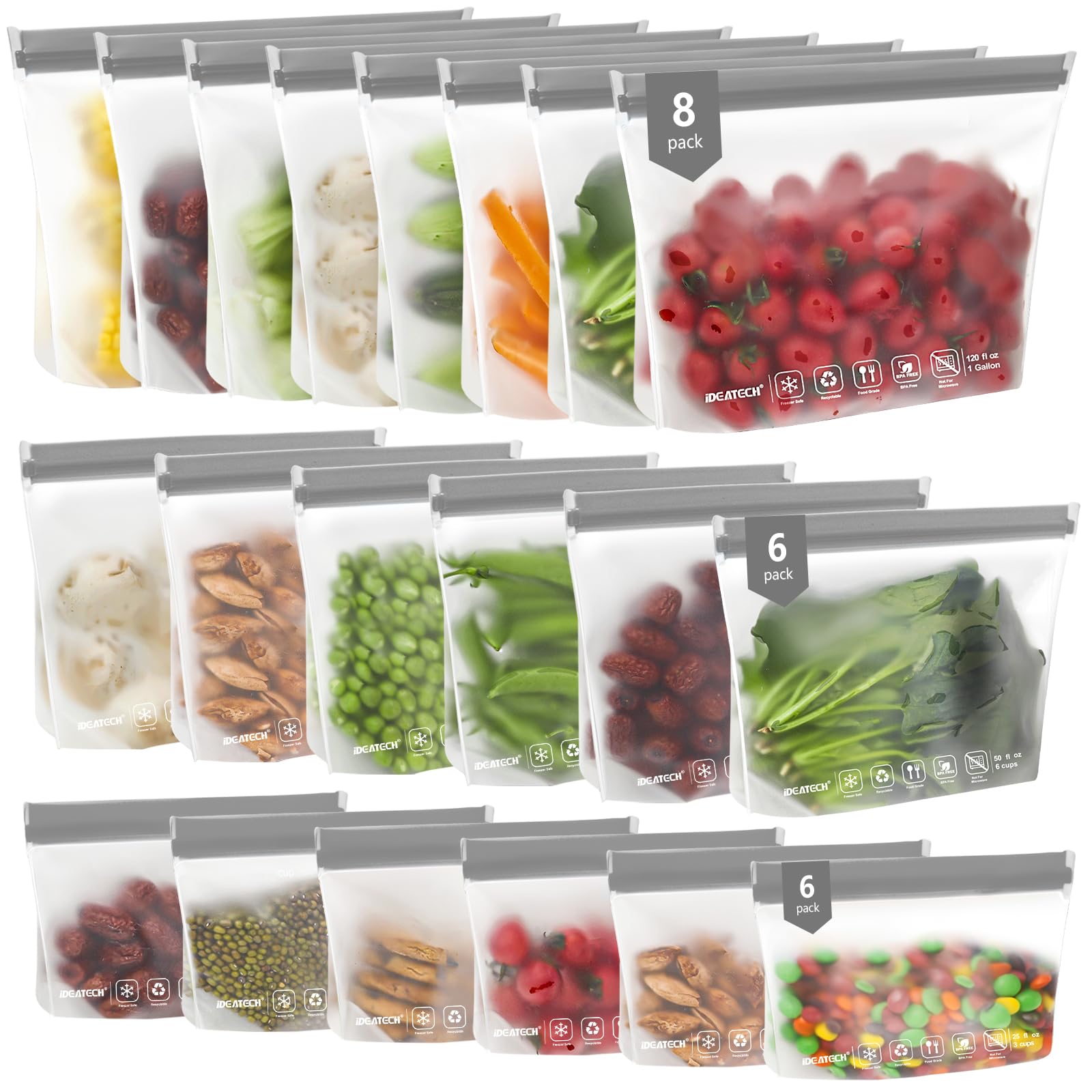 IDEATECH 20Pack Reusable Bags Dishwasher Safe, Leakproof Reusable Freezer Bags, BPA Free Healthy Food Storage Contaizers Sandwich Snack Baggies for Lunch Travel(8 Gallon 6 Quart 6 Snack,Colored)