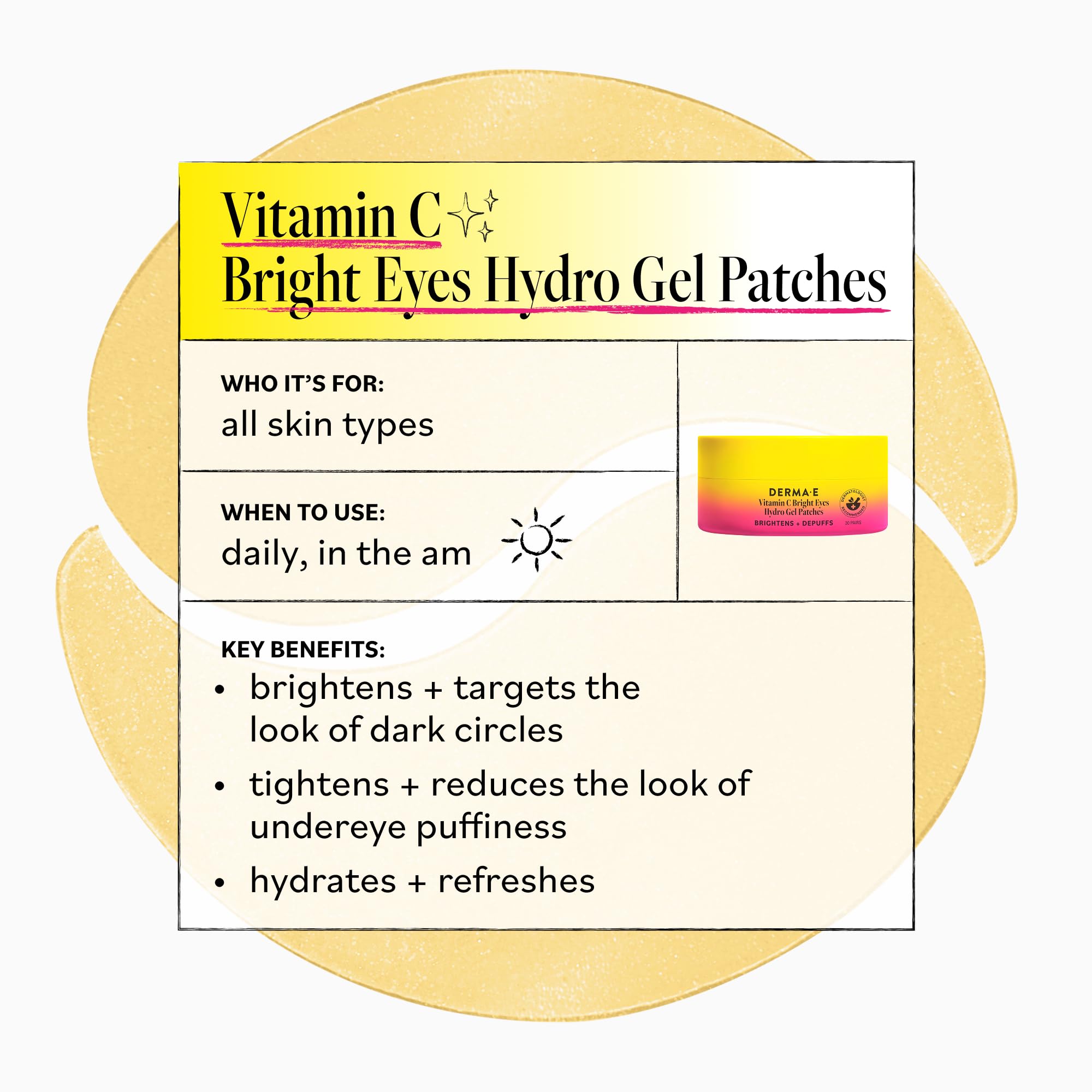 Derma E Vitamin C Bright Eyes Hydro Gel Under Eye Patches for Dark Circles (60 Ct, 30 Pairs) Allantoin, Caffeine & Vitamin B3, Eye Patches for Fine Lines, Wrinkles, Dark Circles & Puffy Eyes