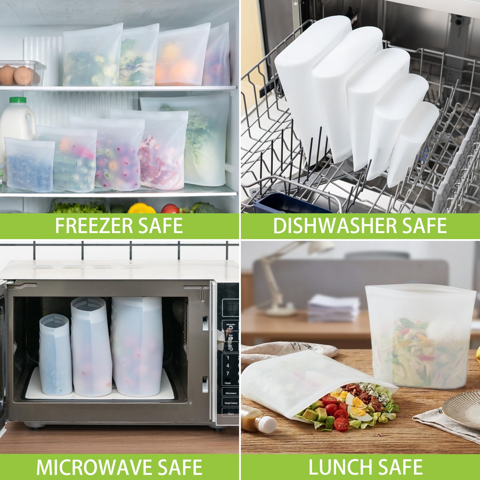 Reusable Food Bags, 12 Pack 100% Silicone Food Storage Bags Stand Up Zip Lock Container, Freezer Microwave Oven Dishwasher Safe, 4 Medium 4 Small 4 Extra Small, Aqua