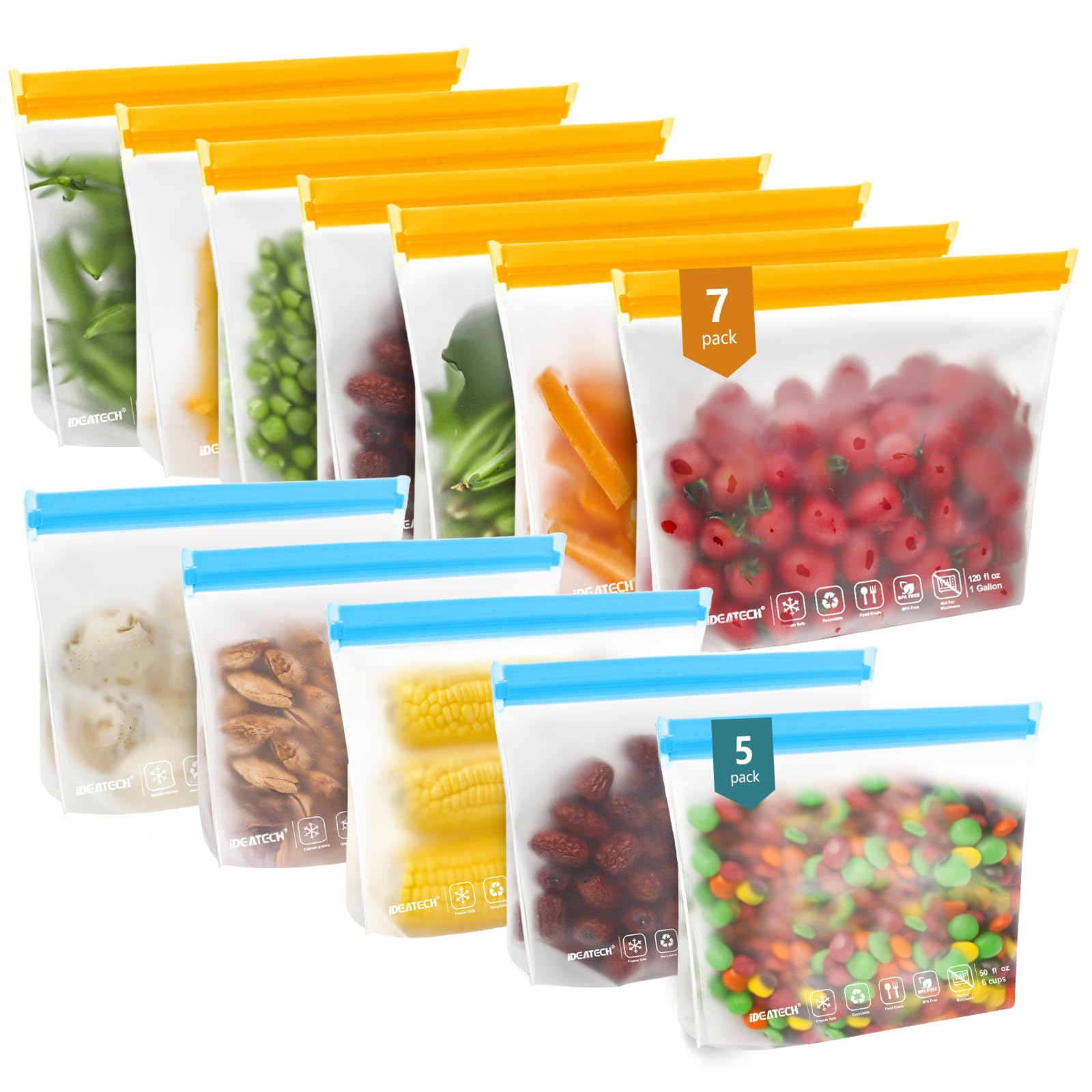 IDEATECH 20Pack Reusable Bags Dishwasher Safe, Leakproof Reusable Freezer Bags, BPA Free Healthy Food Storage Contaizers Sandwich Snack Baggies for Lunch Travel(8 Gallon 6 Quart 6 Snack,Colored)