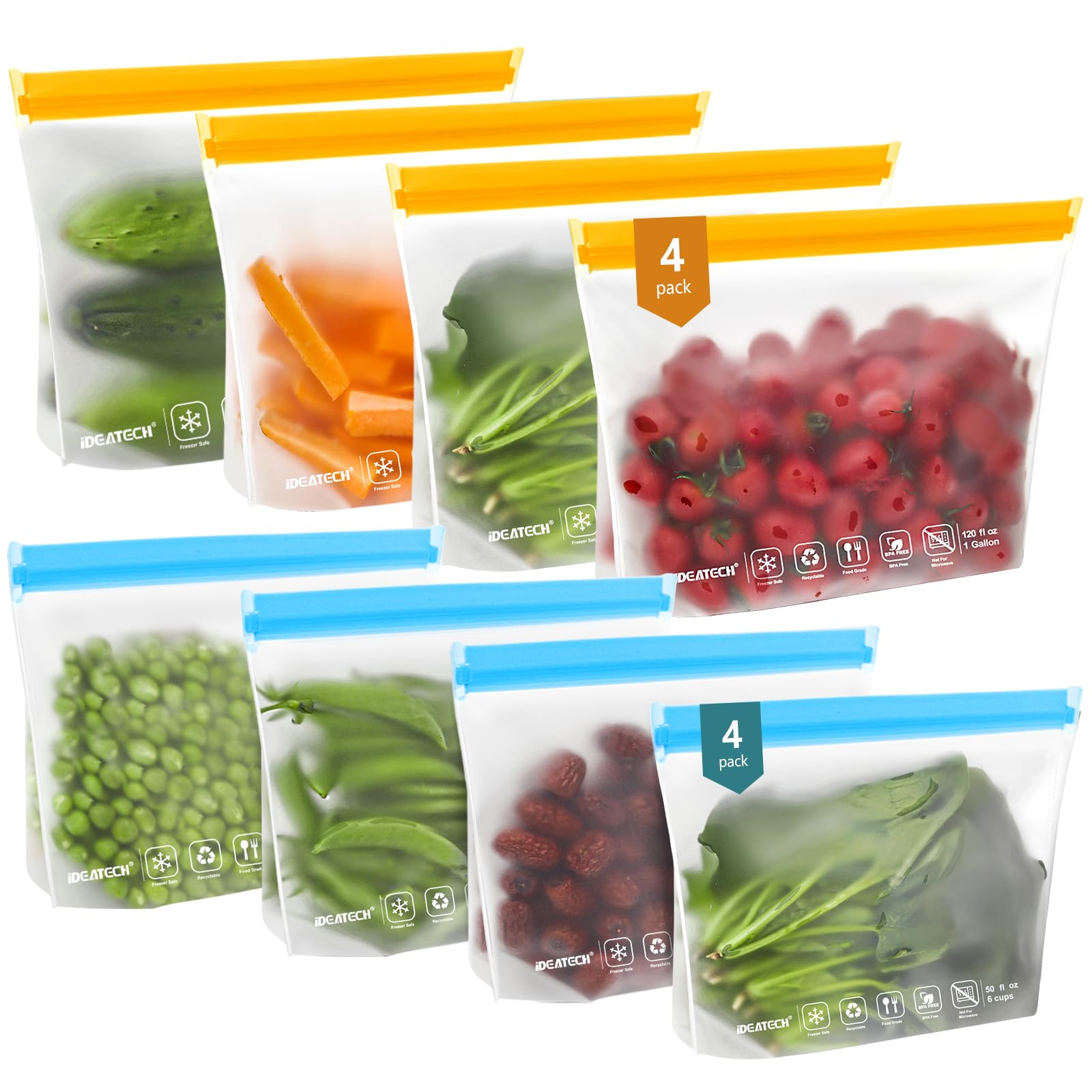 IDEATECH 20Pack Reusable Bags Dishwasher Safe, Leakproof Reusable Freezer Bags, BPA Free Healthy Food Storage Contaizers Sandwich Snack Baggies for Lunch Travel(8 Gallon 6 Quart 6 Snack,Colored)