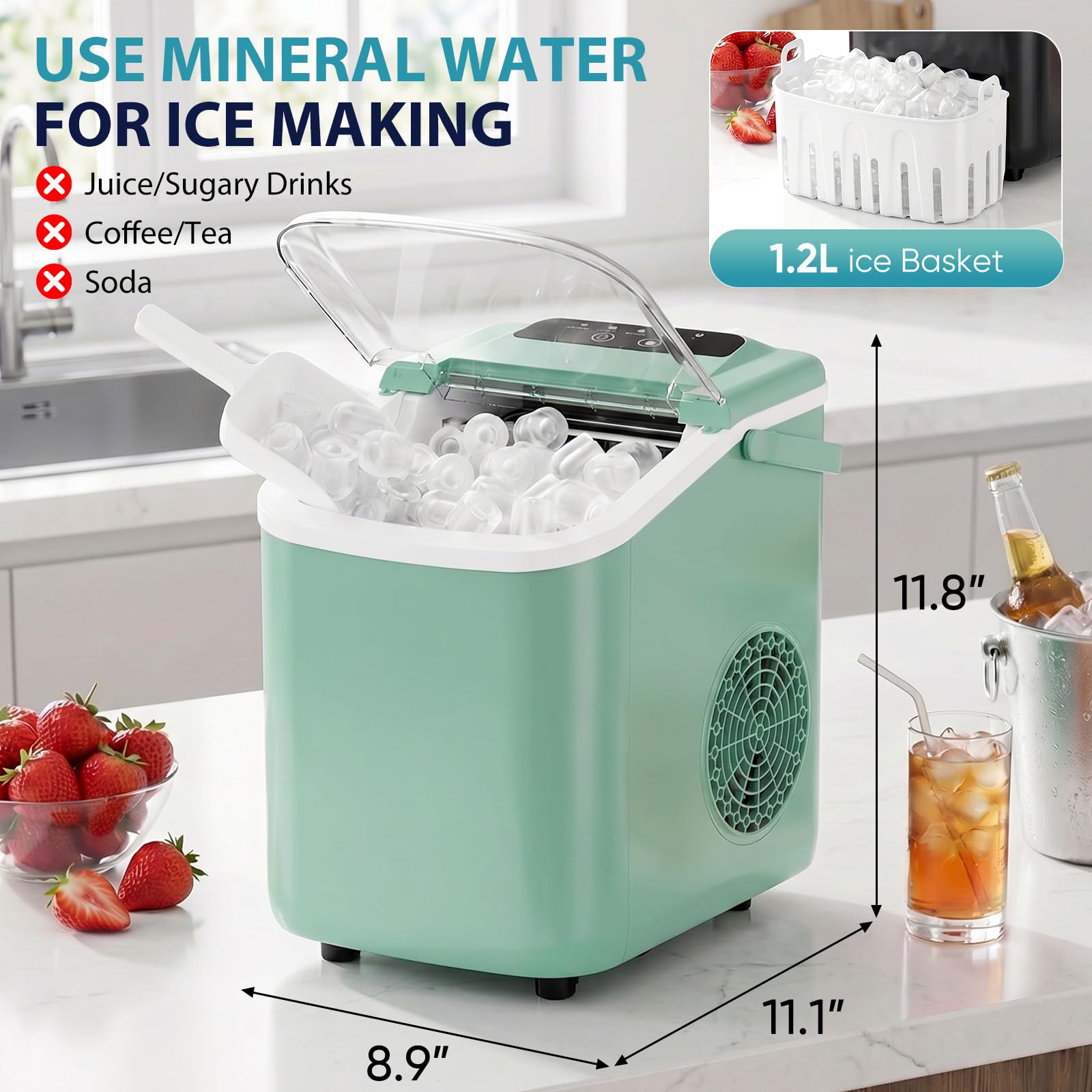 DUMOS Ice Maker Countertop, Ice Machine with Portable Handle, Basket and Scoop, 26lbs Daily, 9 Bullet Cubes in 6-8 Mins, Auto-Cleaning for Home, Kitchen, Office, Outdoors, RV Camping