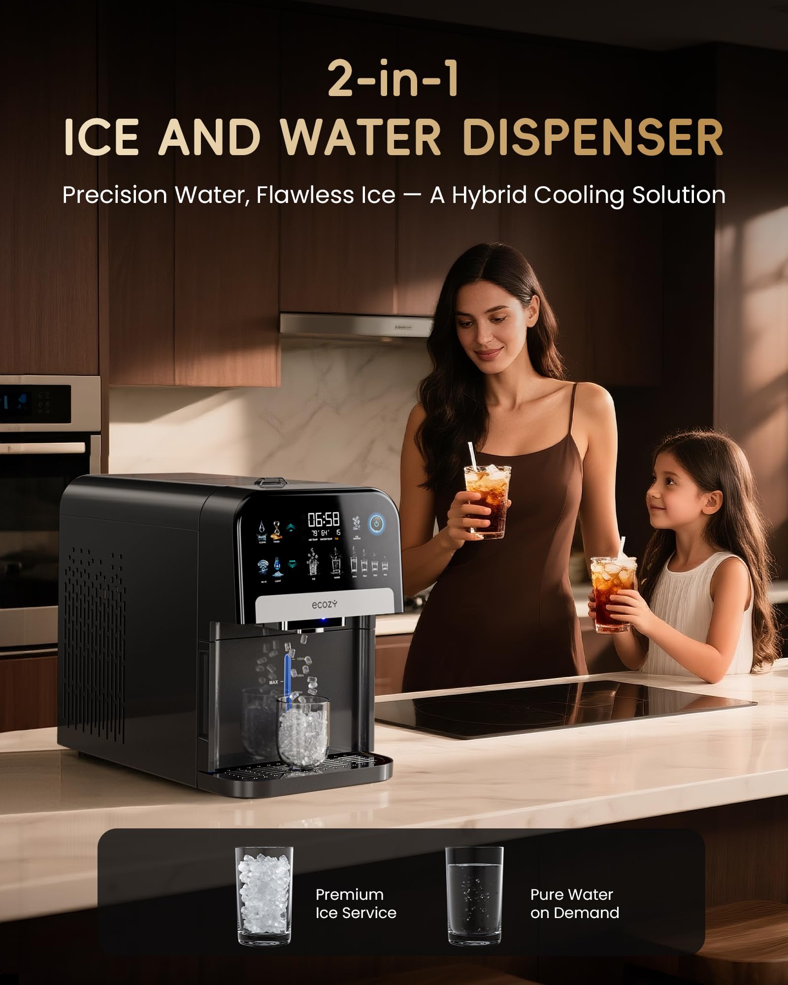 ecozy Nugget Ice Maker Dispenser Countertop, 2-in-1 Pebble Ice Machine & Water Dispenser with App Control, Sonic Crushed Ice Makers with Self-Cleaning, TDS Monitor, Measured Dispensing, 33 Lbs/Day