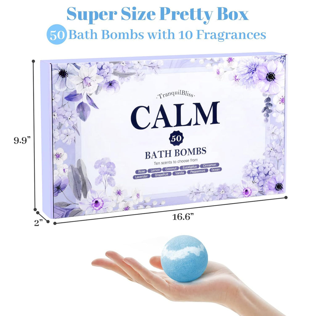 TranquilBliss Bath Bombs Set 50 PCS with 10 Rich Scents, Bath Bombs for Women, Natural Bubble Bombs with Shea Butter & Safe Oil, Ideal for Mother's Day, Valentine's Day, Christmas, Birthday Present