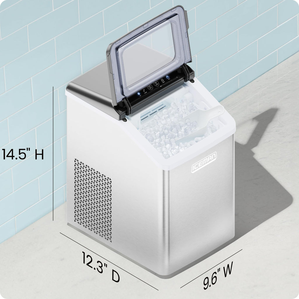 Iceman Pebble Ice Machine, Countertop Nugget Ice Maker Produces Chewable Pellet Ice in 20 Minutes, Makes 33lbs/Day, with One-Touch Cleaning Function and Ice Scoop/Basket Included – Stainless Steel