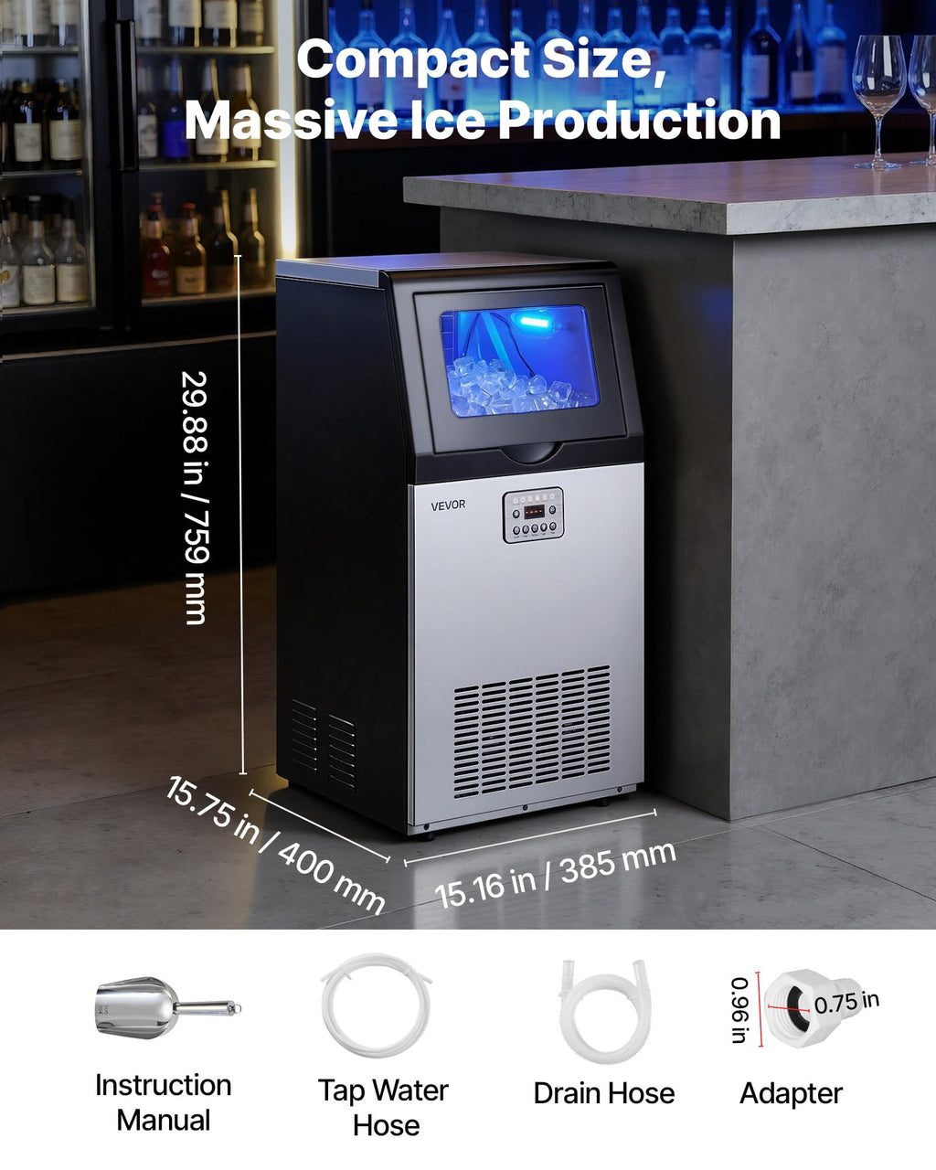 VEVOR Commercial Ice Maker Machine, 80 lbs/24h with 13 lbs Storage Capacity, Countertop/Freestanding/Under Counter, Stainless Steel Ice Maker with LED Display & Self-Cleaning, for Home Bar Restaurant