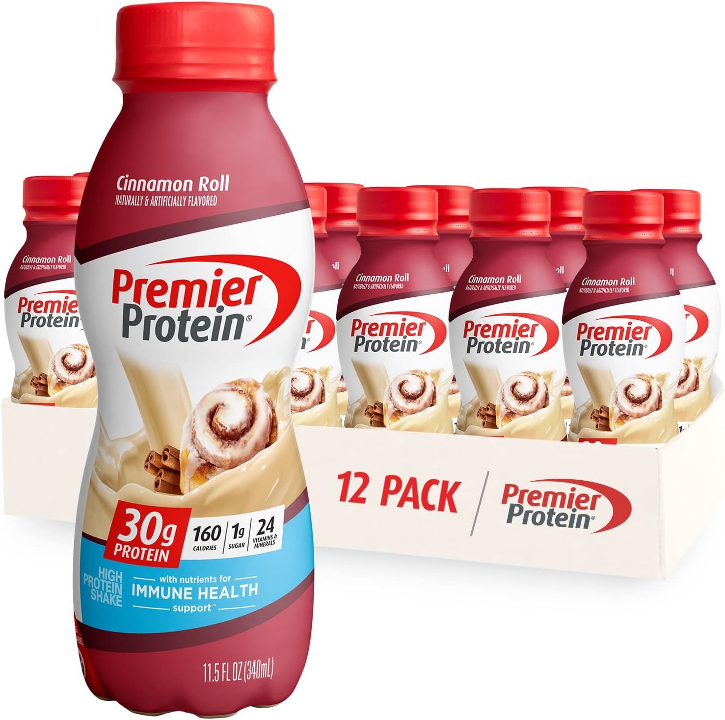Premier Protein Shake, 30g Protein, 1g Sugar, 24 Vitamins&Minerals, Cinnamon Roll & Cake Batter Flavors, Pack of 12, 11.5oz Bottles
