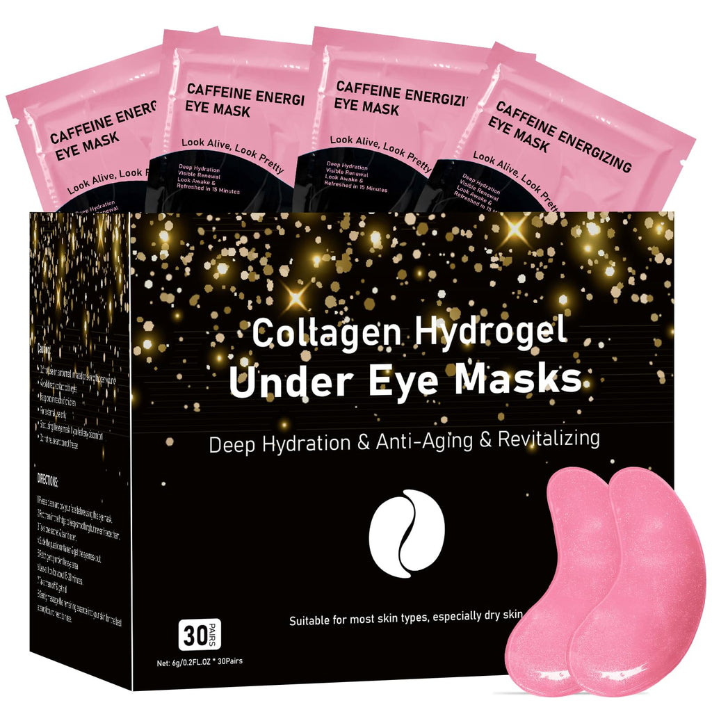 Adofect Hydrogel Caffeine Under Eye Masks, Collagen Eye Patches for Dark Circles Puffy Eyes Under Eye Bags, Deep Hydration Eye Gels for All Skin Types, Skin Care Gifts (Pink, 30 Pairs)
