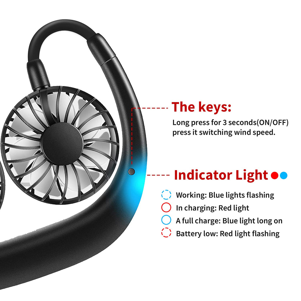 JUANANIUG Portable Neck Fan Rechargeable Personal HandFree Fan Mini USB Wearable Neckband Sport Fan 3 Speed Adjustable 360 Degrees Rotation Perfect for Working Traveling Office Reading (Red Black)