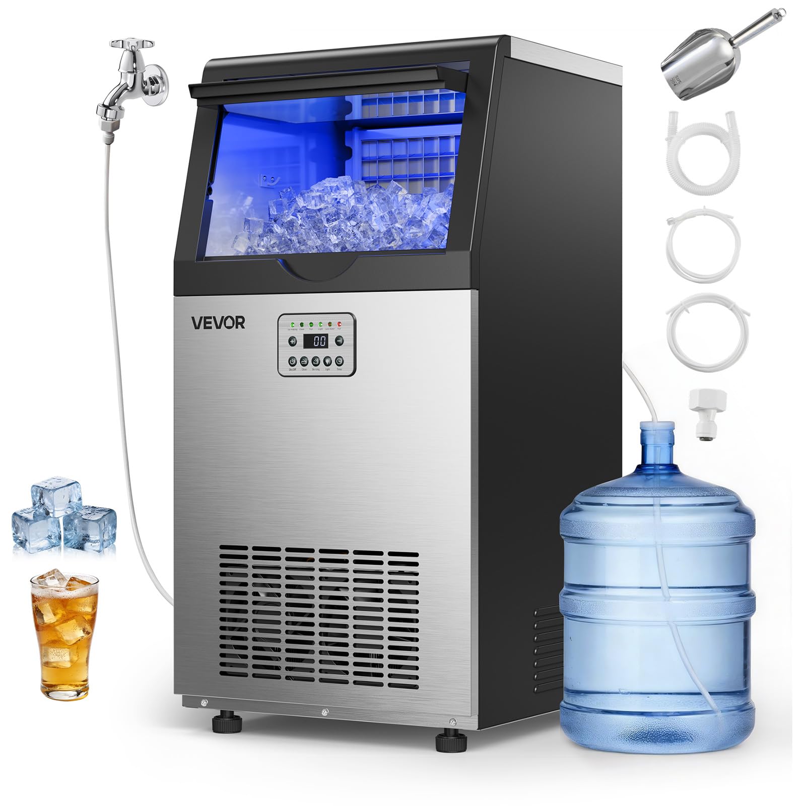 VEVOR Commercial Ice Maker Machine, 80 lbs/24h with 13 lbs Storage Capacity, Countertop/Freestanding/Under Counter, Stainless Steel Ice Maker with LED Display & Self-Cleaning, for Home Bar Restaurant