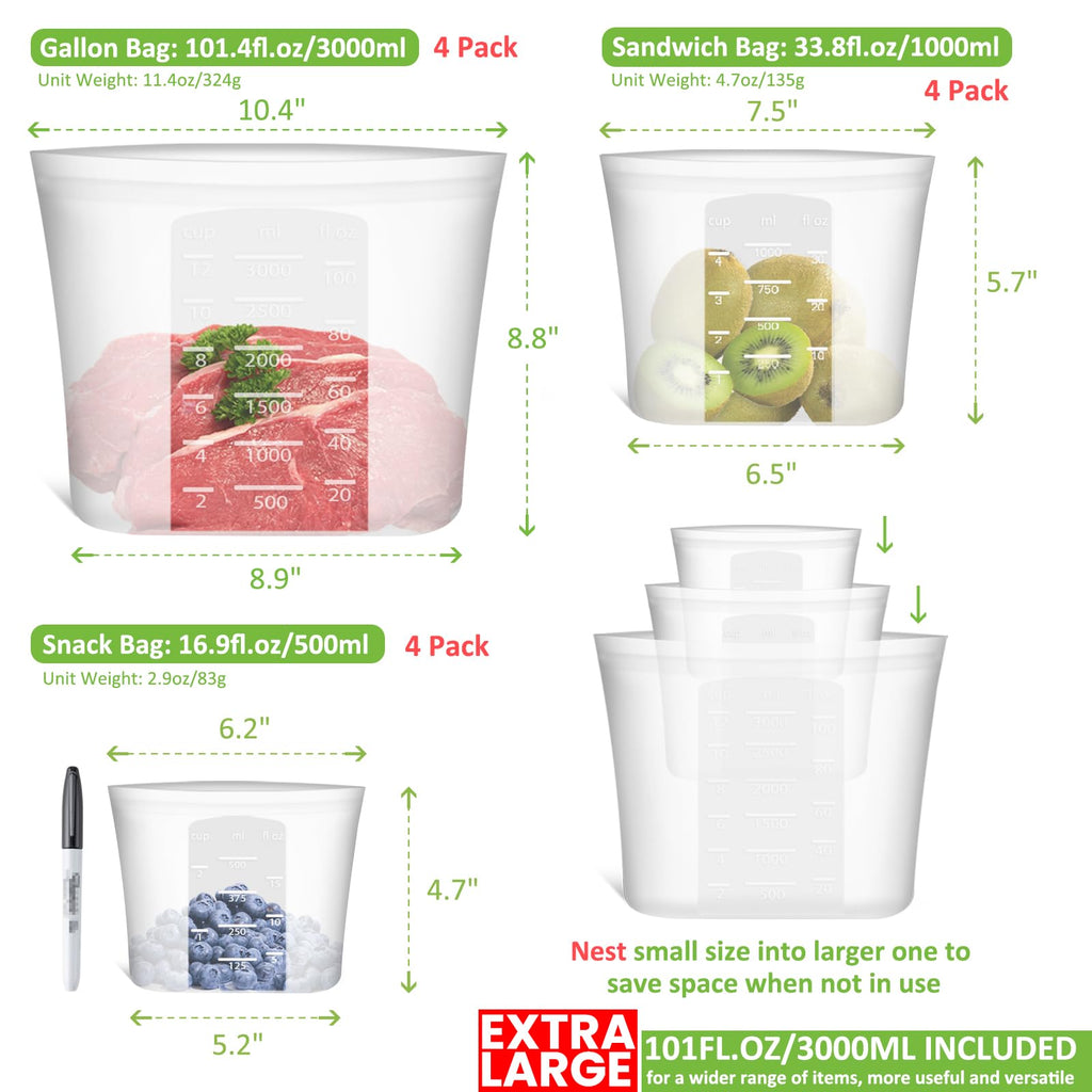 Reusable Food Bags, 12 Pack 100% Silicone Food Storage Bags Stand Up Zip Lock Container, Freezer Microwave Oven Dishwasher Safe, 4 Medium 4 Small 4 Extra Small, Aqua