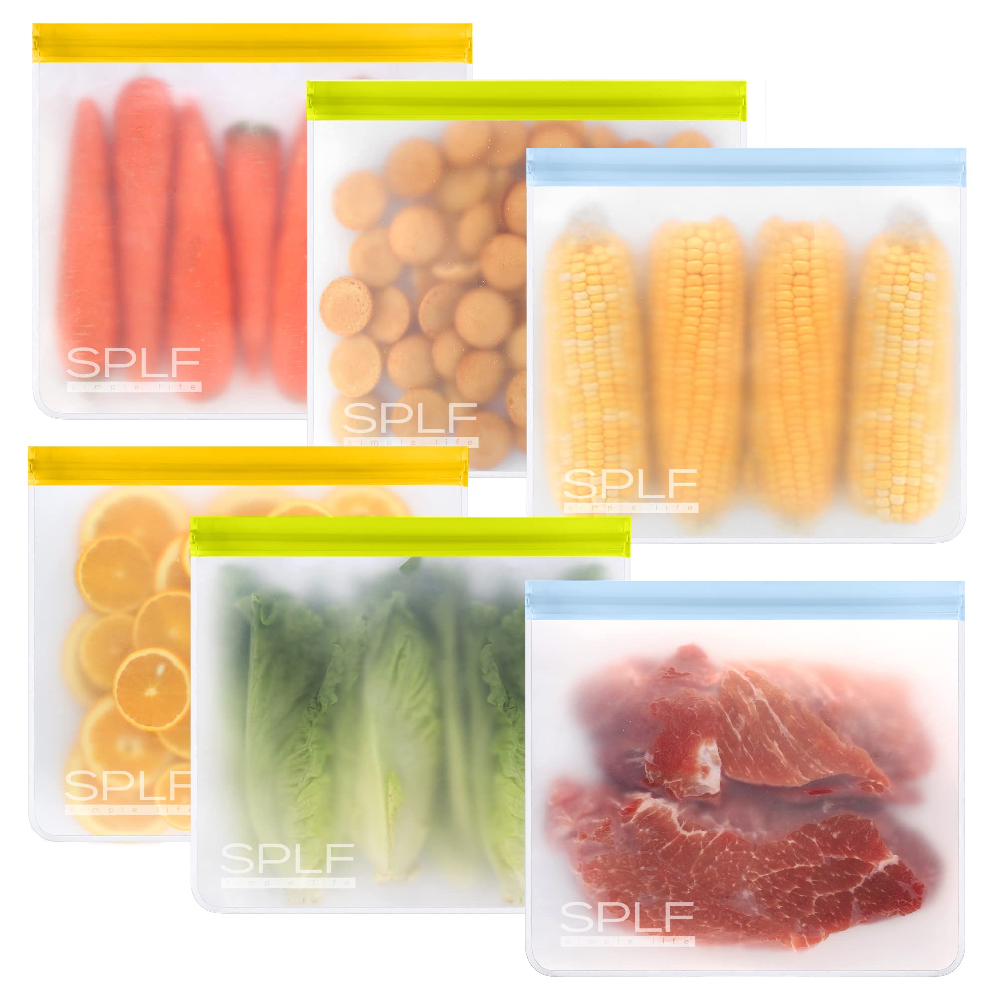 SPLF 6 Pack Reusable Gallon Freezer Bags Dishwasher Safe, BPA FREE Reusable Food Storage Bags, Extra Thick Leakproof Silicone Free 1 Gallon Bags for Marinate Meat, Cereal, Sandwich, Snack, Travel Item
