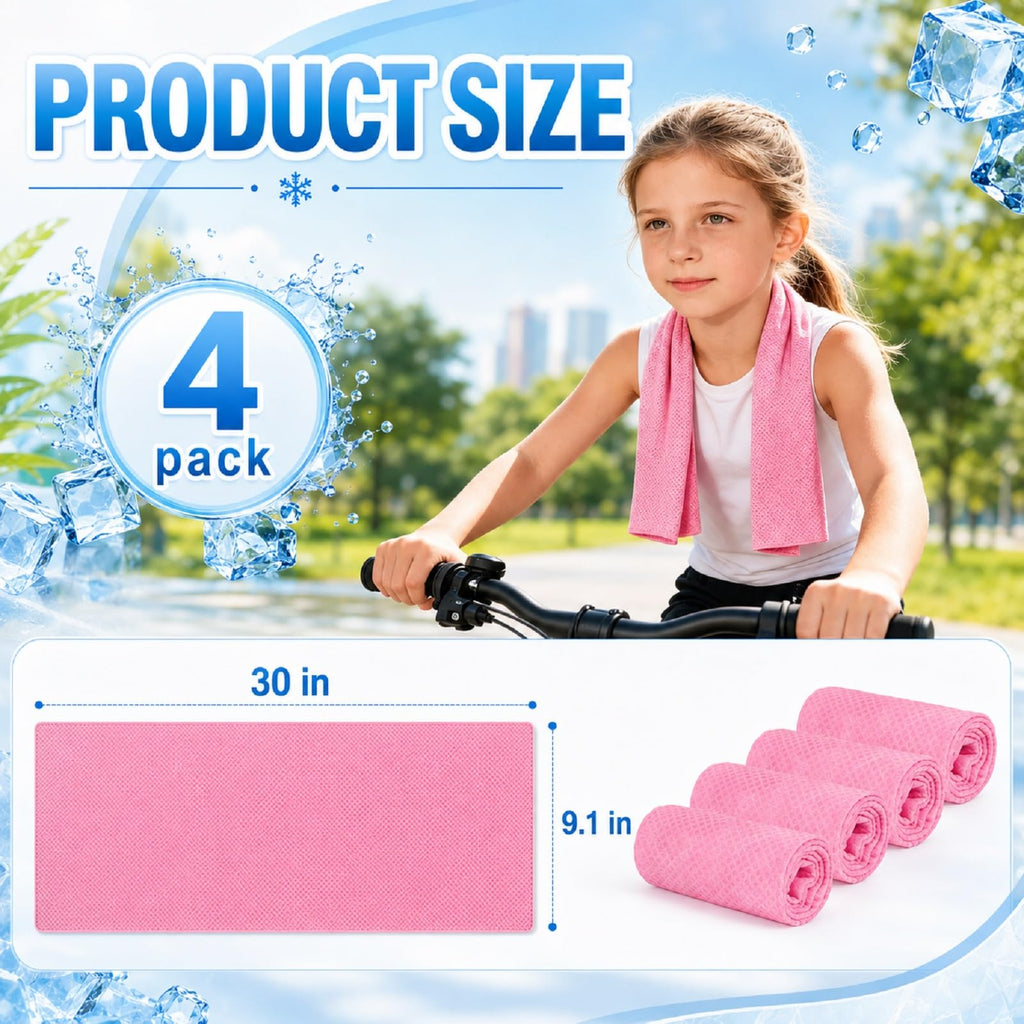 BobbleT Kids PVA Cooling Towels 4 Pack (30"x9") - Mini Instant Ice Cooling Towels for Neck & Face with UPF 50+ Sun Protection, Reusable Summer Heat Relief for Outdoor Activities, Pink