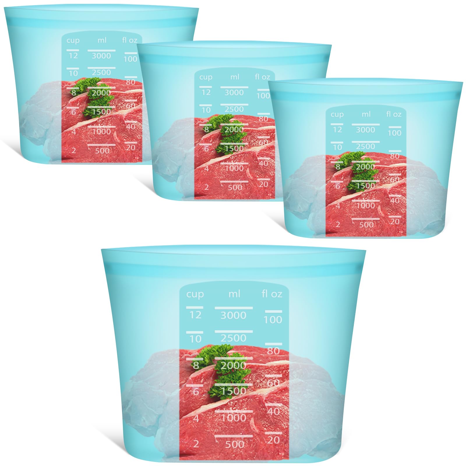 Reusable Food Bags, 12 Pack 100% Silicone Food Storage Bags Stand Up Zip Lock Container, Freezer Microwave Oven Dishwasher Safe, 4 Medium 4 Small 4 Extra Small, Aqua
