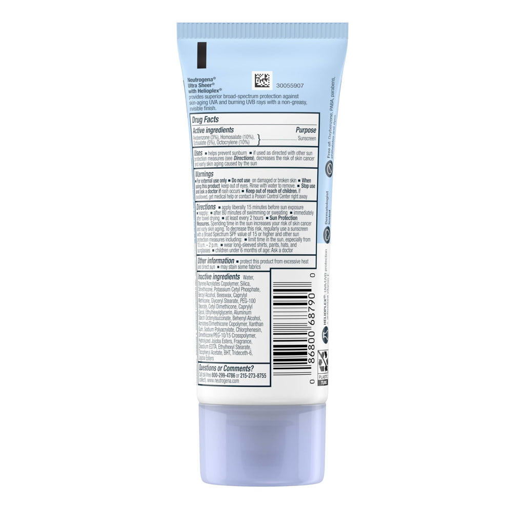 Neutrogena, Ultra Sheer Dry-Touch Sunscreen SPF 55 for Face and Body, Lightweight Non Greasy Broad Spectrum Uva/Uvb Protection, No White Cast, Water Resistant (80 Min) Travel Sunscreen Lotion, 88.7 mL