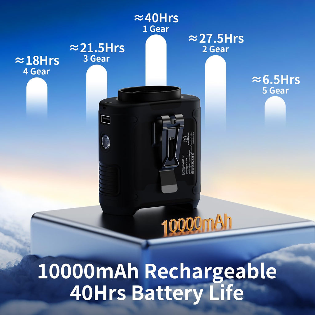 Socool 10000mAh Portable Waist Fan Clip on Wearable Belt Personal Fan Rechargeable Battery operated With 5 Speeds & Flashlight Neck Hands-Free 40H Cooling For Outdoor Camping Travel (Black)