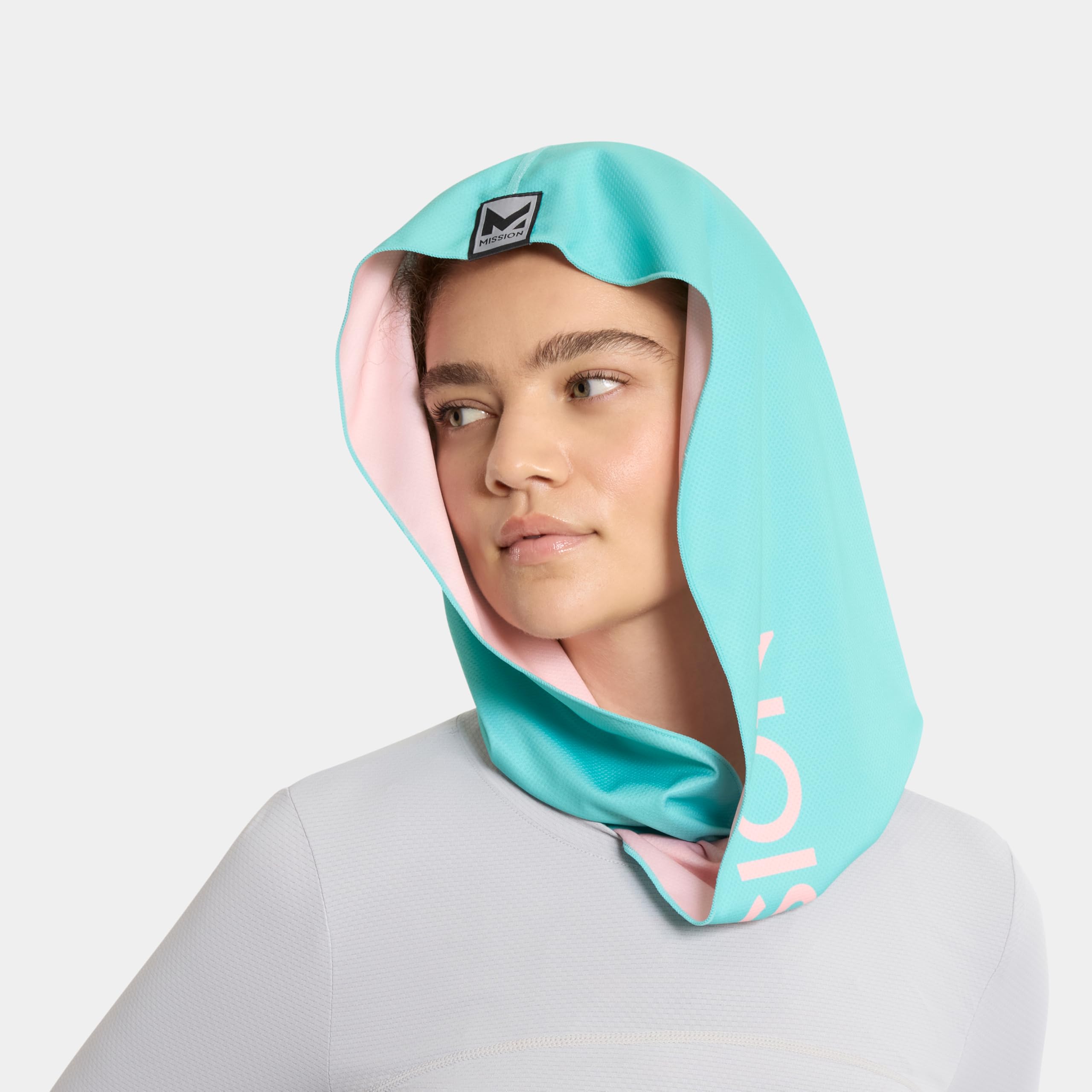 MISSION Reversible Cooling Hoodie Towel- Hood Towel, Cools Instantly When Wet, UPF 50 Sun Protection, Contours Your Head to Stay in Place, Great for Sports, Fitness, Gym (Pink Mint)