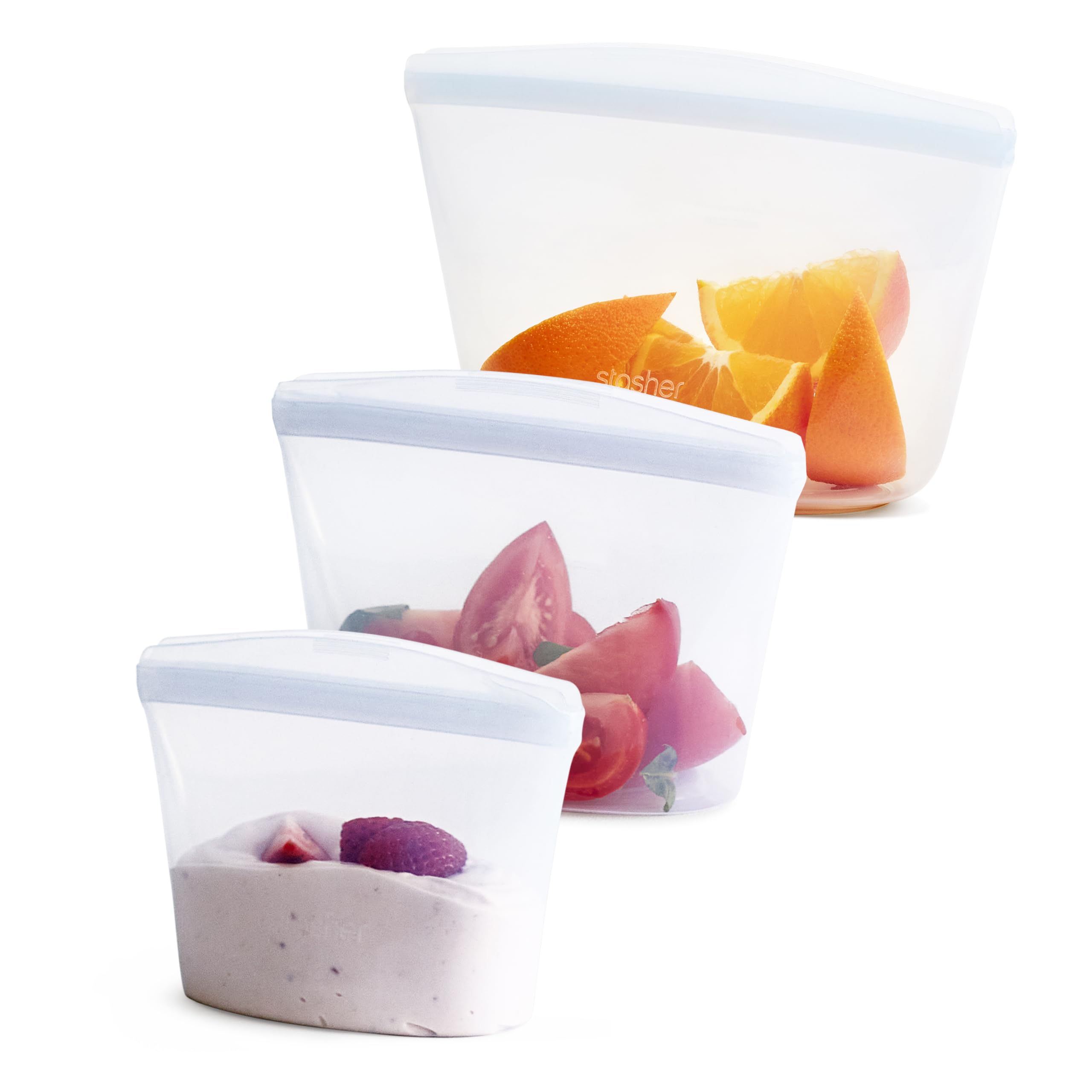 Stasher Silicone Reusable Storage Bags, 3-Pack, Reusable Freezer Bags, Microwave, Dishwasher, Oven Safe, Sous Vide, Premium Lunch Containers, Eco Friendly, Food Storage Bags, Snack Bags, Multicolor
