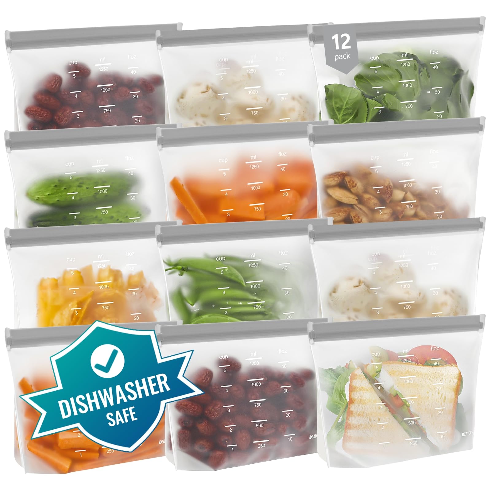IDEATECH Reusable Bags Dishwasher Safe, BPA Free Reusable Gallon Freezer Bags, Stand Up Leakproof Food Storage Bags for Marinate Meats, Salad Fruit, Vegetables, Home Organization -Gray 6 Large Bags