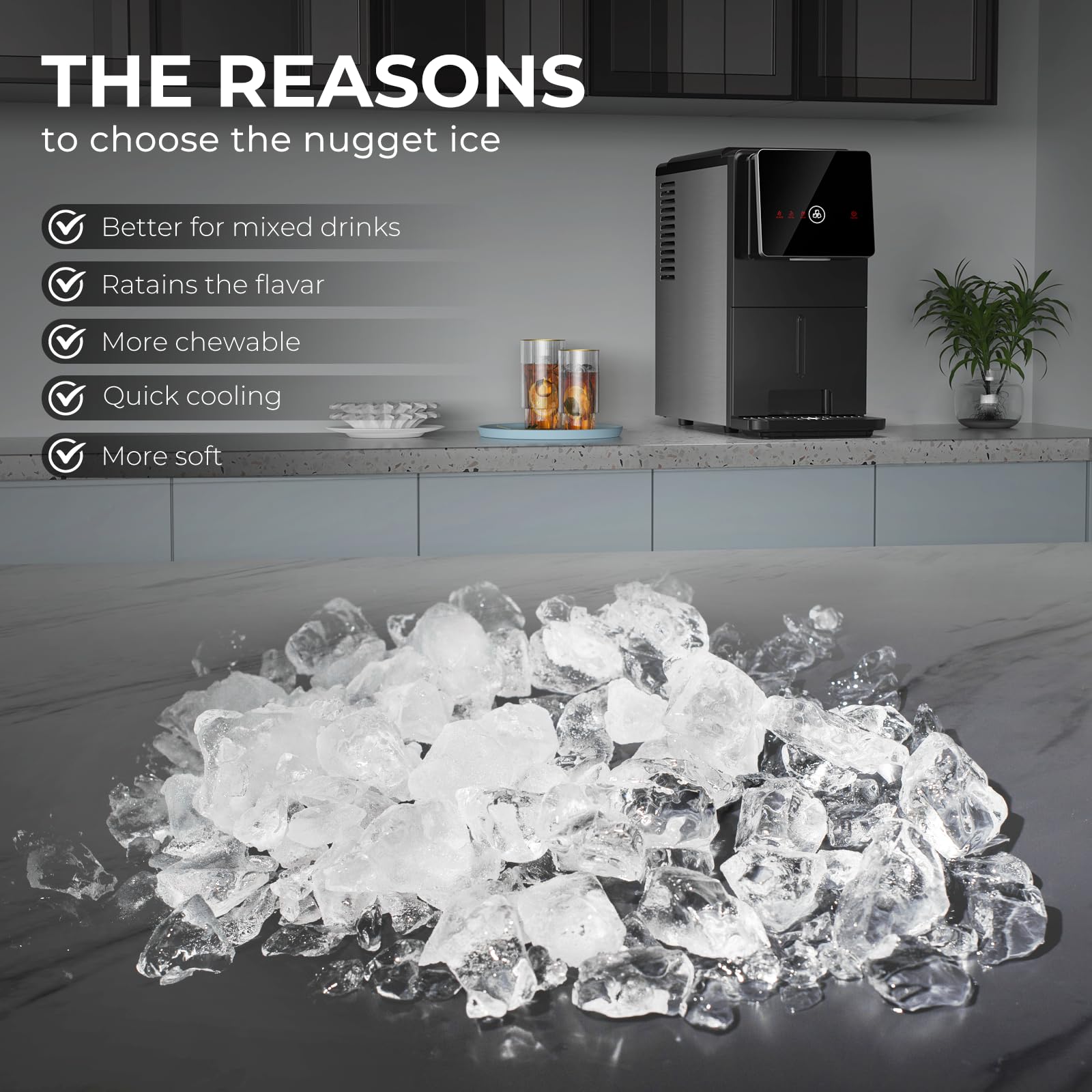 Electactic Nugget Ice Makers Countertop, Portable Ice Maker with Self-Cleaning, 35Lbs Per Day, Self Dispensing Design, One-Click Operation, 1.8L Water Tank, 1.5Lbs Ice Storage, for Home/Office/Kitchen