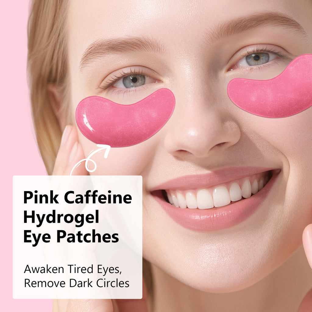 Adofect Hydrogel Caffeine Under Eye Masks, Collagen Eye Patches for Dark Circles Puffy Eyes Under Eye Bags, Deep Hydration Eye Gels for All Skin Types, Skin Care Gifts (Pink, 30 Pairs)