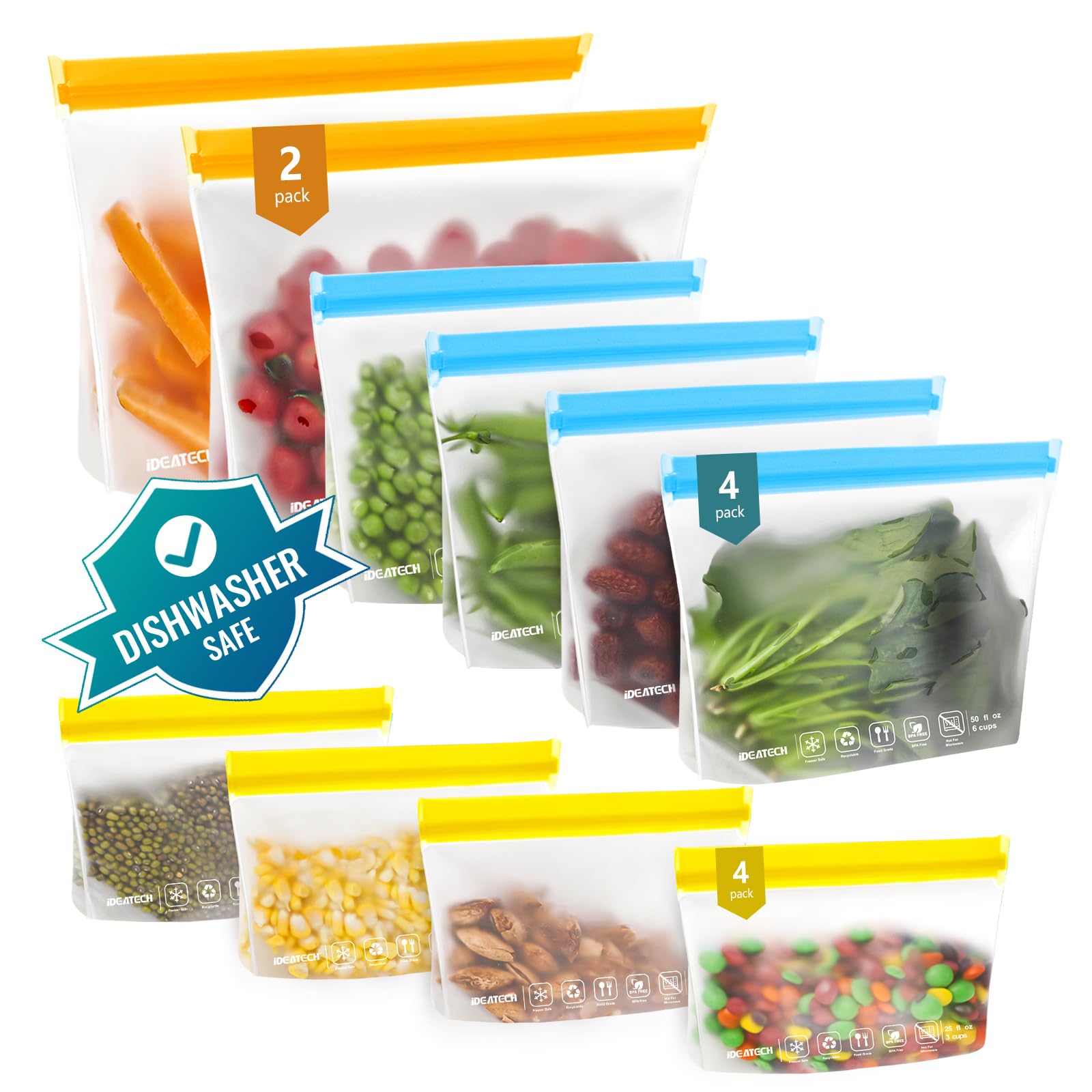 IDEATECH 20Pack Reusable Bags Dishwasher Safe, Leakproof Reusable Freezer Bags, BPA Free Healthy Food Storage Contaizers Sandwich Snack Baggies for Lunch Travel(8 Gallon 6 Quart 6 Snack,Colored)
